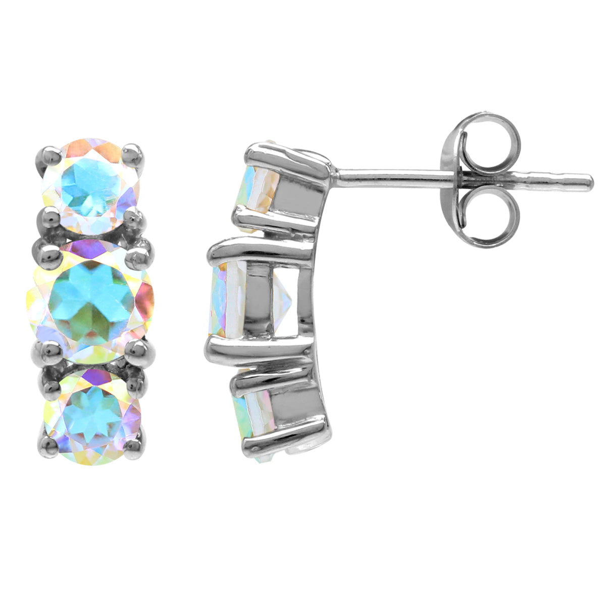 2.38 CTW 3-Stone Genuine Round Shape Mercury Mist Aurora Borealis (AB) Topaz White Gold Plated 925 Sterling Silver Stud Post Gemstone Earrings Jewelry for Women - Silvershake-store