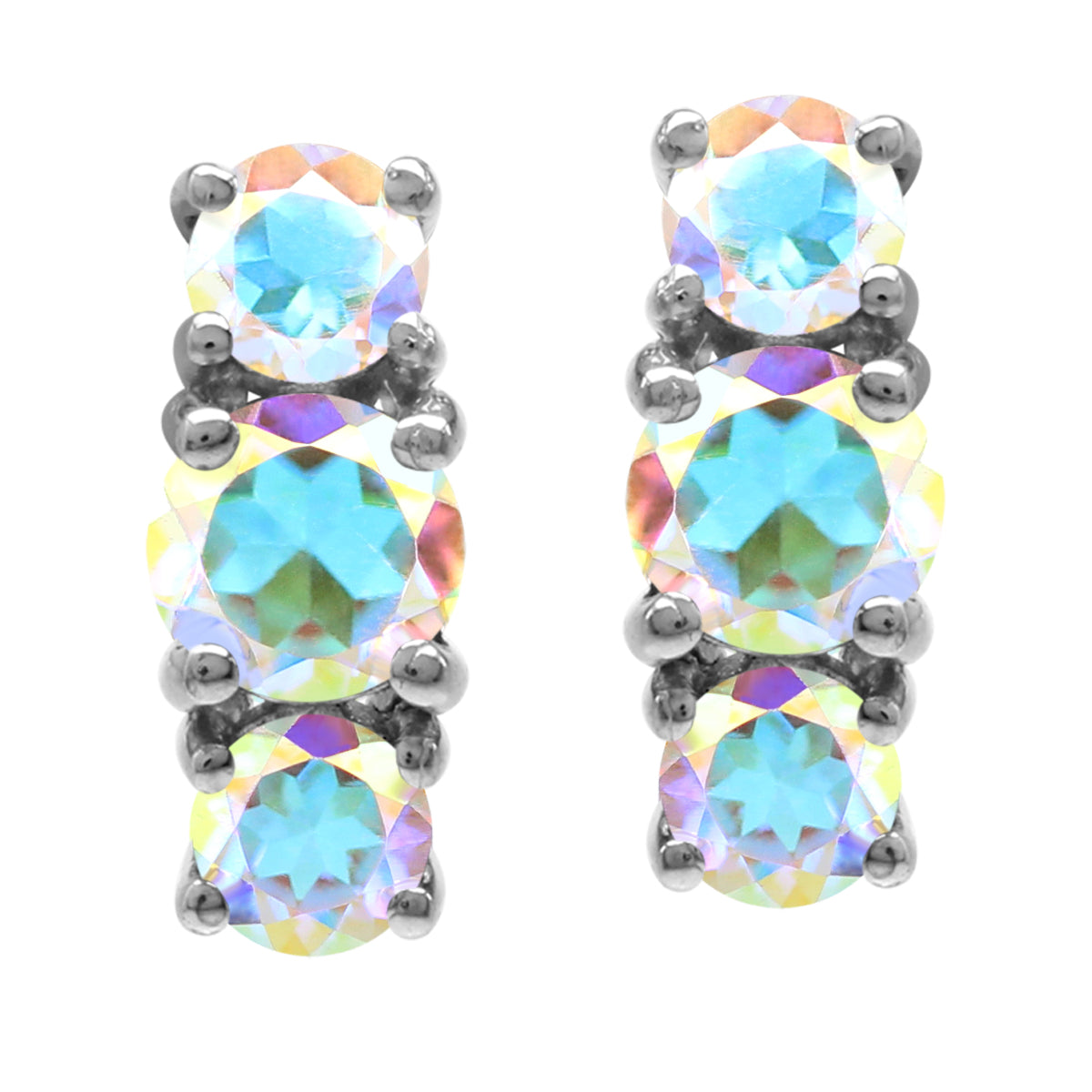 2.38 CTW 3-Stone Genuine Round Shape Mercury Mist Aurora Borealis (AB) Topaz White Gold Plated 925 Sterling Silver Stud Post Gemstone Earrings Jewelry for Women - Silvershake-store