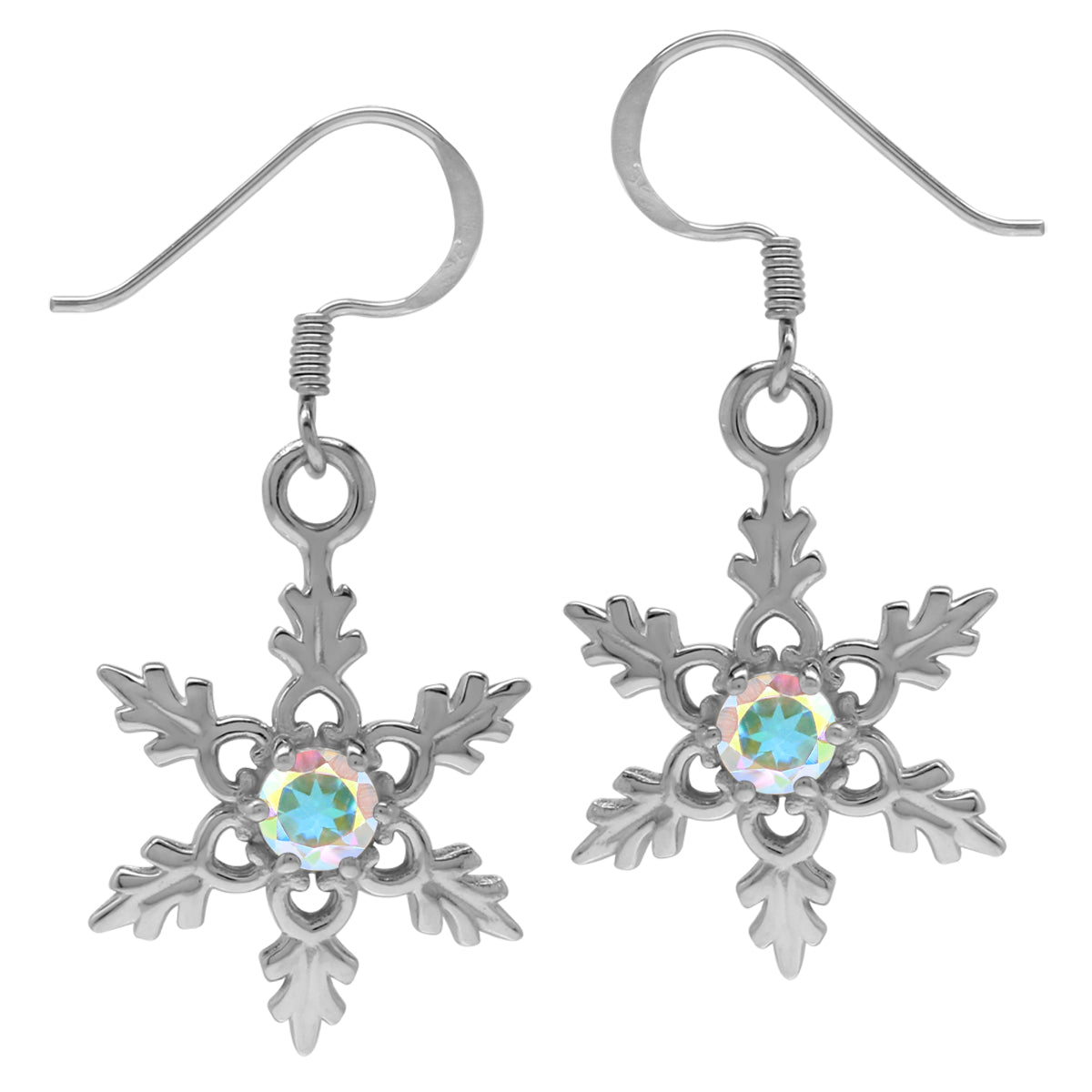 Genuine Mercury Mist Aurora Borealis (AB) Topaz White Gold Plated 925 Sterling Silver Snowflake Dangle Hook Earrings Jewelry for Christmas - Silvershake-store