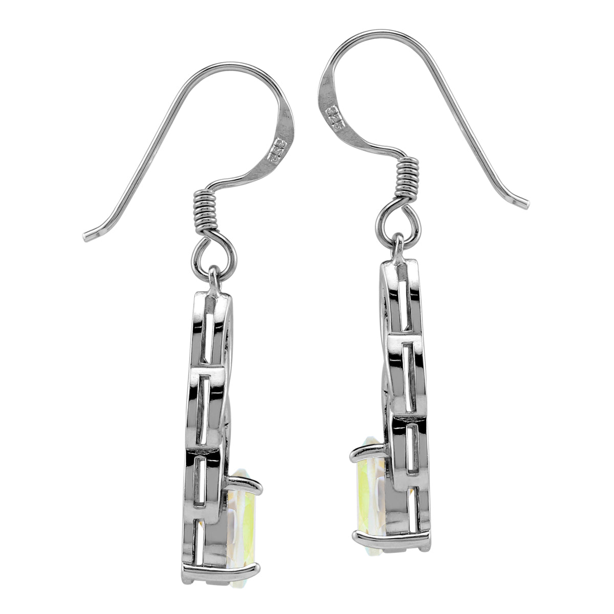 1.82 CTW 7X5mm Genuine Oval Shape Mercury Mist Aurora Borealis (AB) Topaz White Gold Plated 925 Sterling Silver Celtic Knot Weave Dangle Hook Gemstone Earrings - Silvershake-store