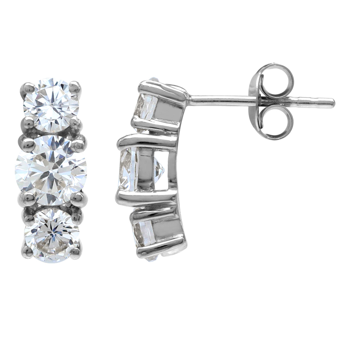 3-Stone Round Shape Cubic Zirconia White Gold Plated 925 Sterling Silver Stud Post Earrings April Gemstone Birthstone Jewelry for Women - Silvershake-store