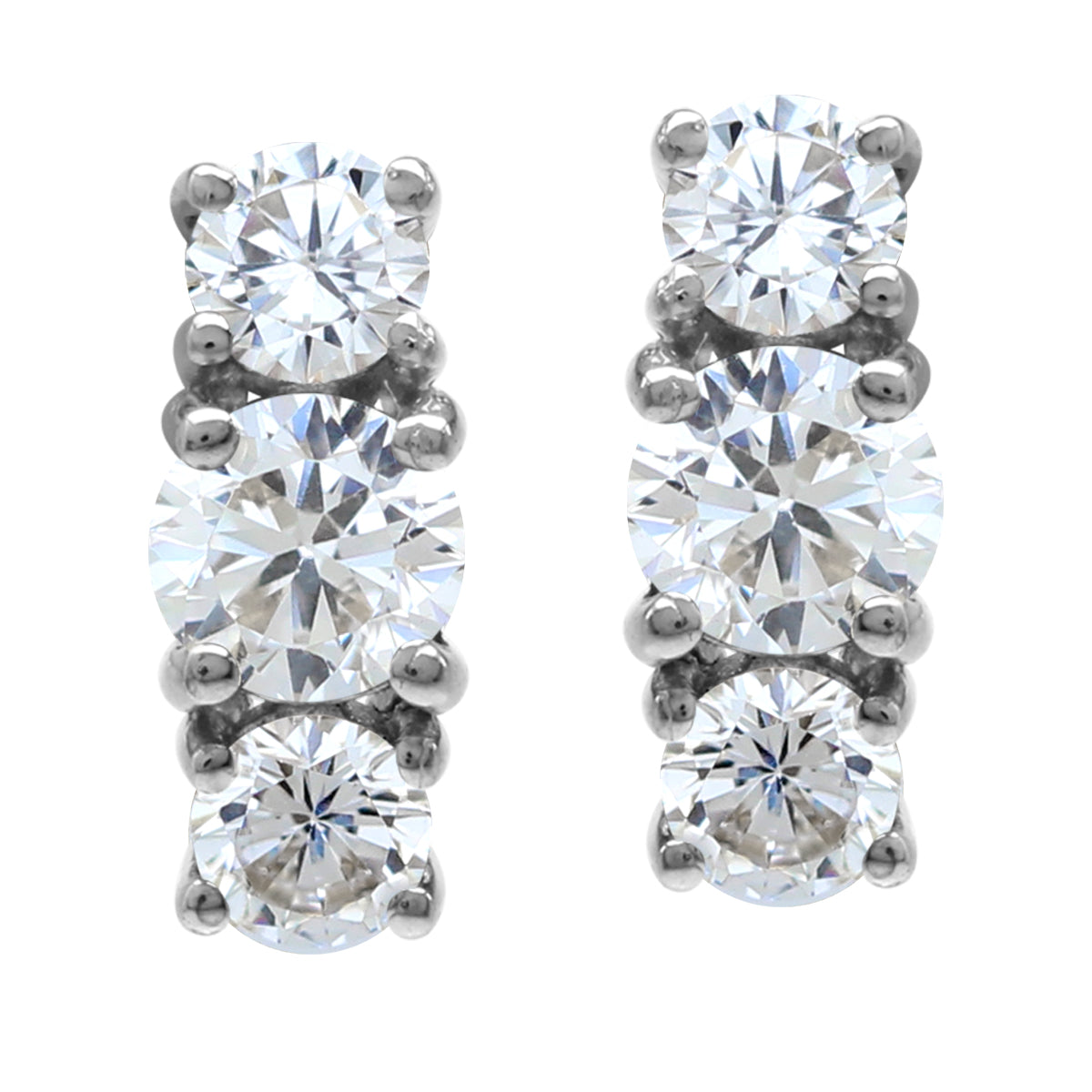 3-Stone Round Shape Cubic Zirconia White Gold Plated 925 Sterling Silver Stud Post Earrings April Gemstone Birthstone Jewelry for Women - Silvershake-store