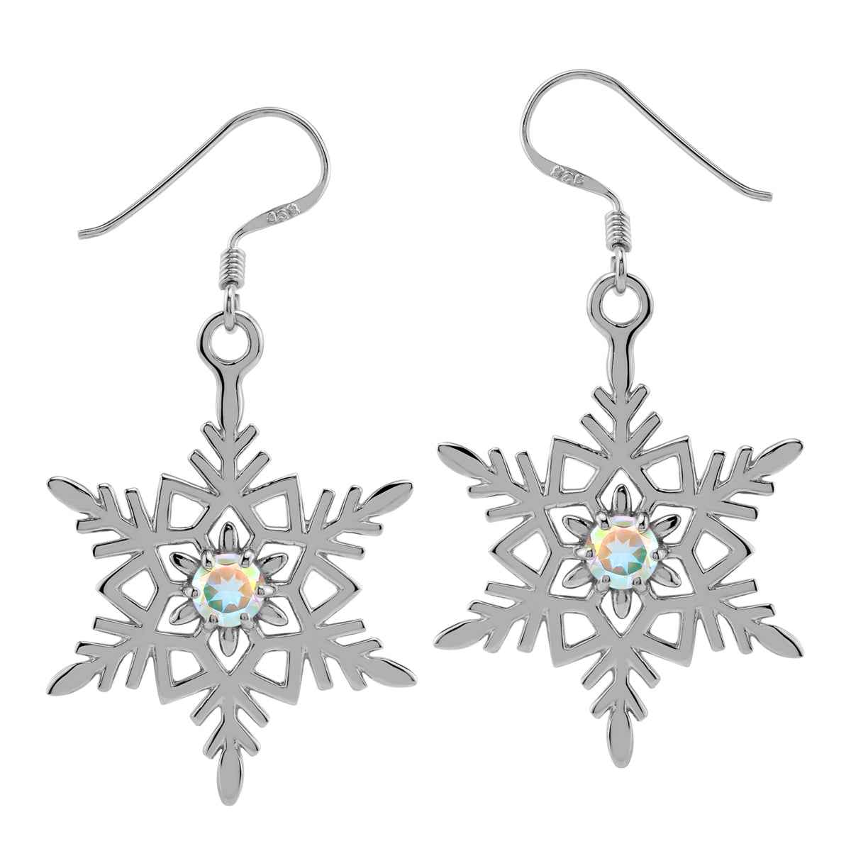 4MM Genuine Round Shape Mercury Mist Aurora Borealis (AB) Topaz White Gold Plated 925 Sterling Silver Snowflake Dangle Hook Gemstone Earrings