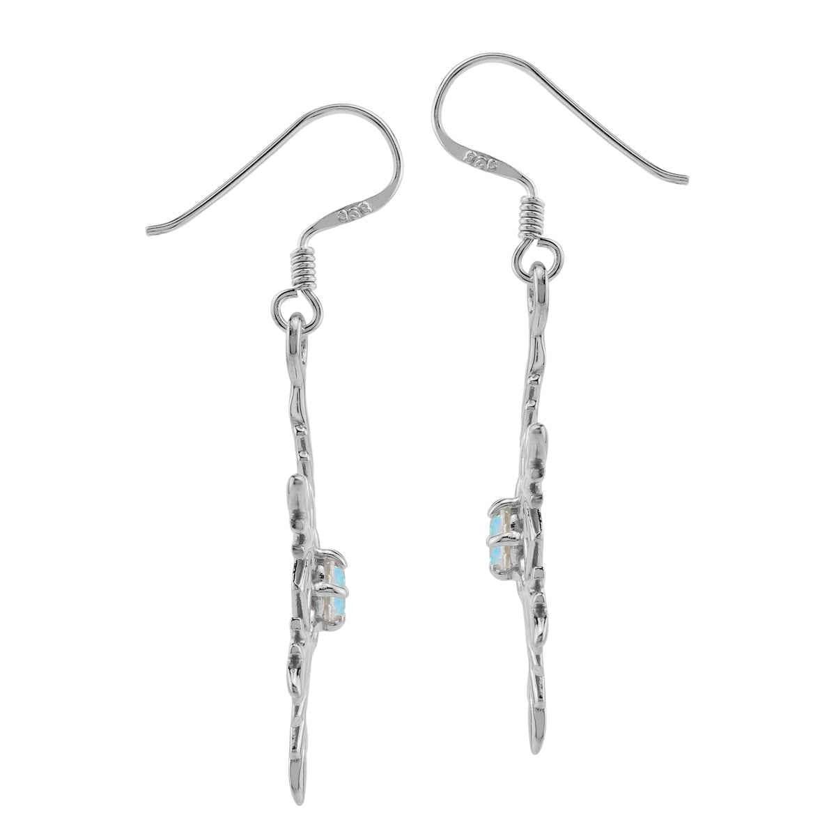 4MM Genuine Round Shape Mercury Mist Aurora Borealis (AB) Topaz White Gold Plated 925 Sterling Silver Snowflake Dangle Hook Gemstone Earrings