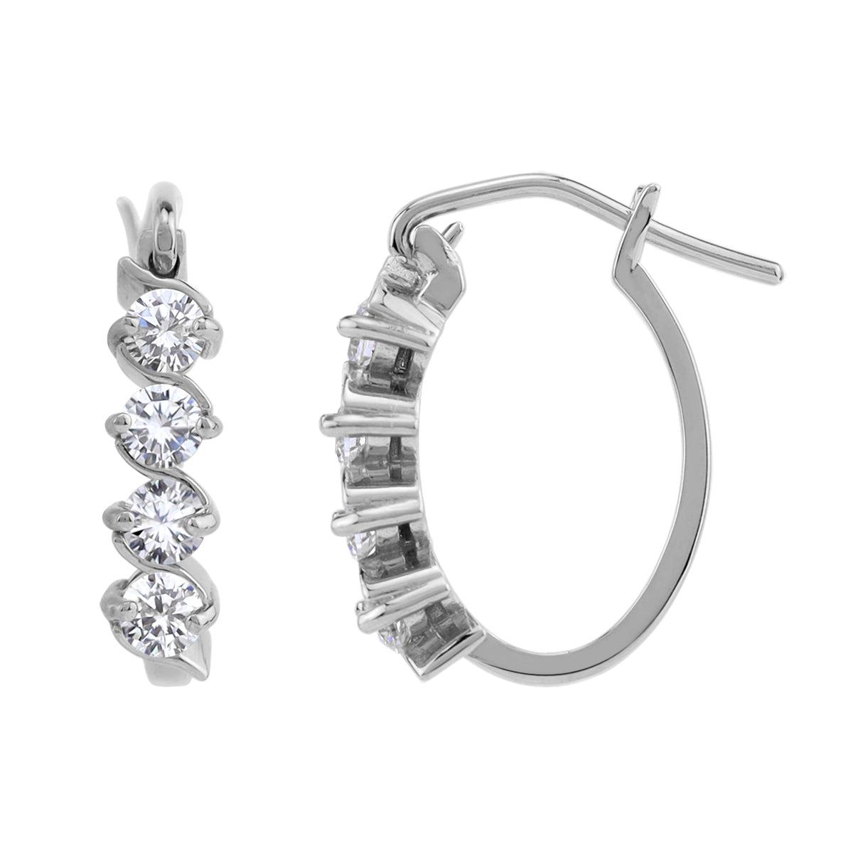 3MM Round Shape Cubic Zirconia White Gold Plated 925 Sterling Silver Journey Huggie Hoop Earrings