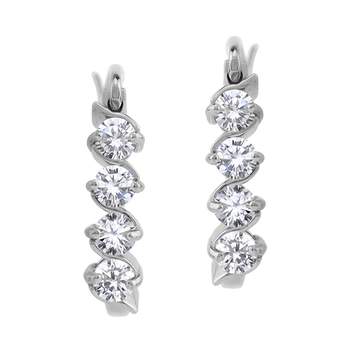 3MM Round Shape Cubic Zirconia White Gold Plated 925 Sterling Silver Journey Huggie Hoop Earrings