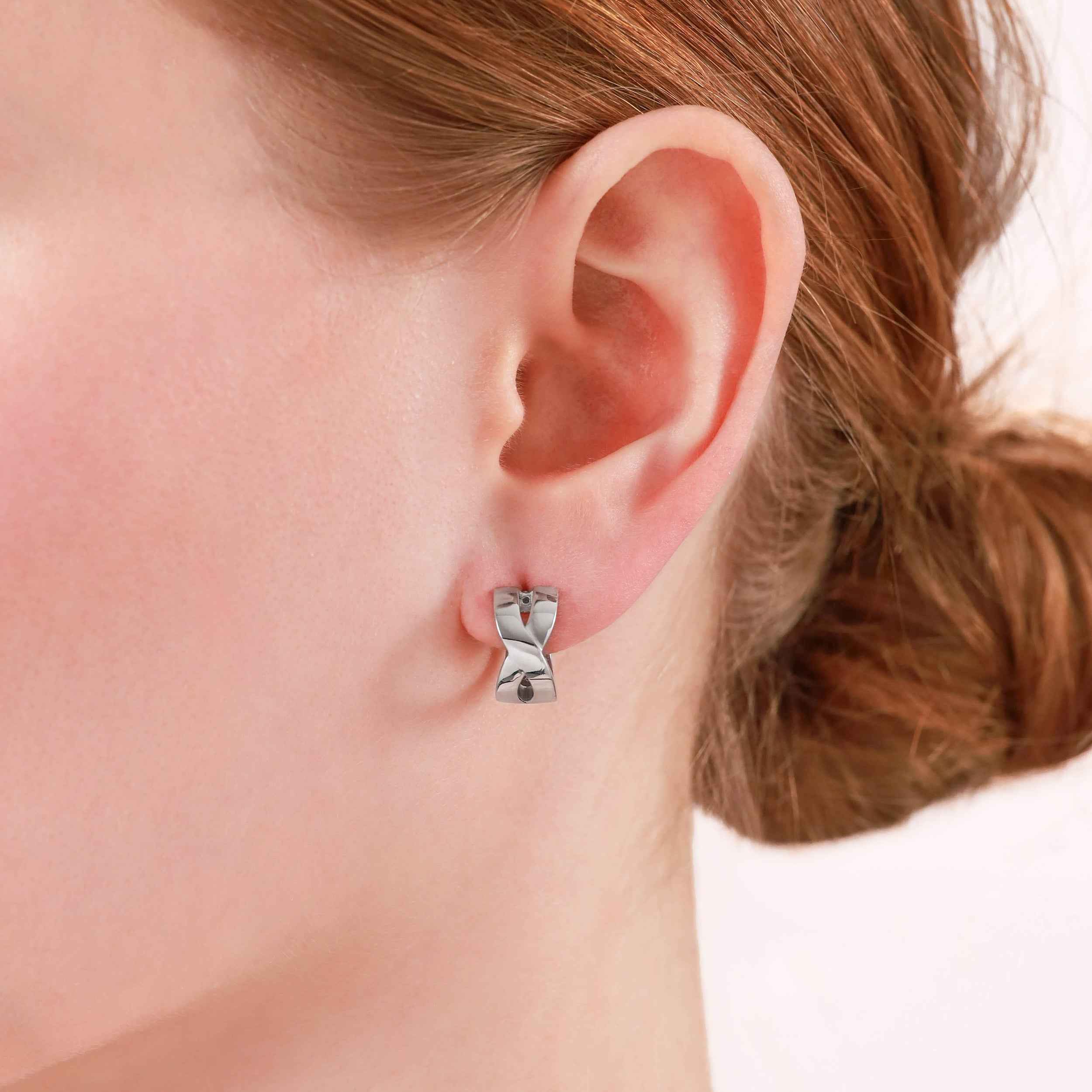 15X7mm White Gold Plated 925 Sterling Silver Criss Cross 0.59 Inch Huggie O Hoop Earrings