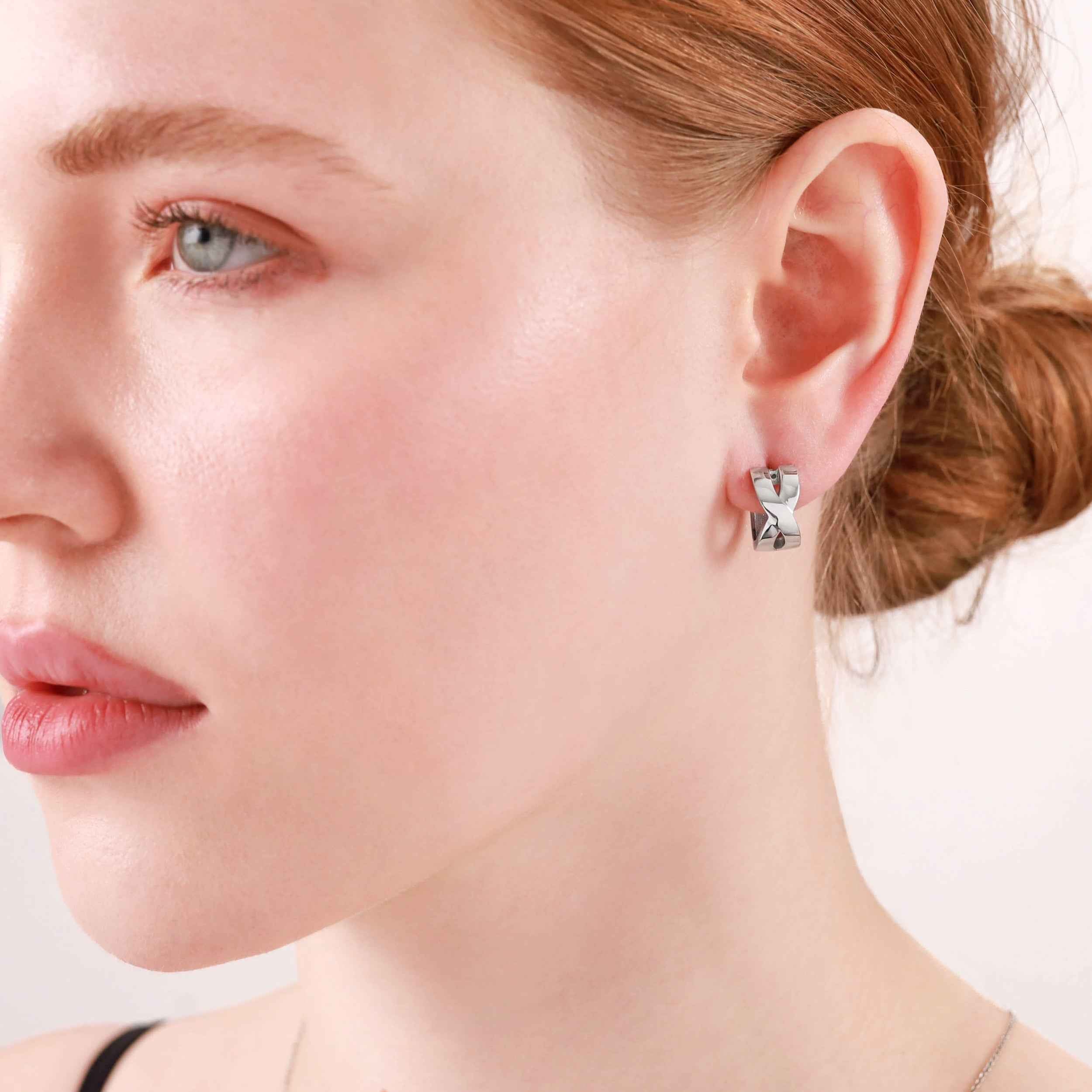 15X7mm White Gold Plated 925 Sterling Silver Criss Cross 0.59 Inch Huggie O Hoop Earrings