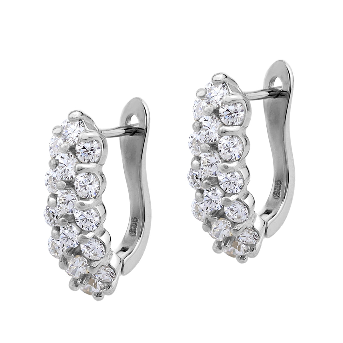 Round Shape Cubic Zirconia White Gold Plated 925 Sterling Silver Cluster English Huggie Hoop Earrings