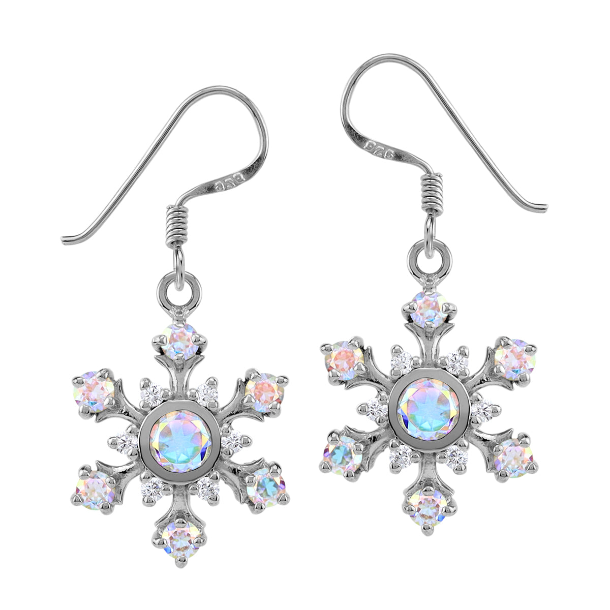 Genuine Mercury Mist Aurora Borealis Topaz 925 Sterling Silver Snowflake Christmas Dangle Earrings silvershake