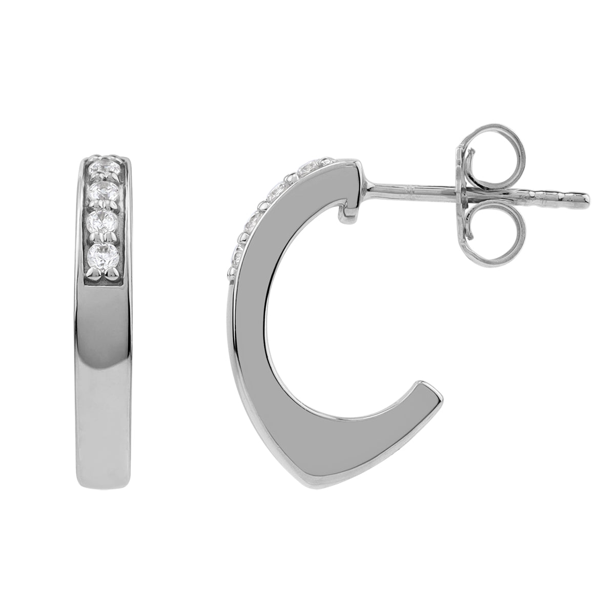 Round Shape Cubic Zirconia White Gold Plated 925 Sterling Silver J Hoop Post Earrings