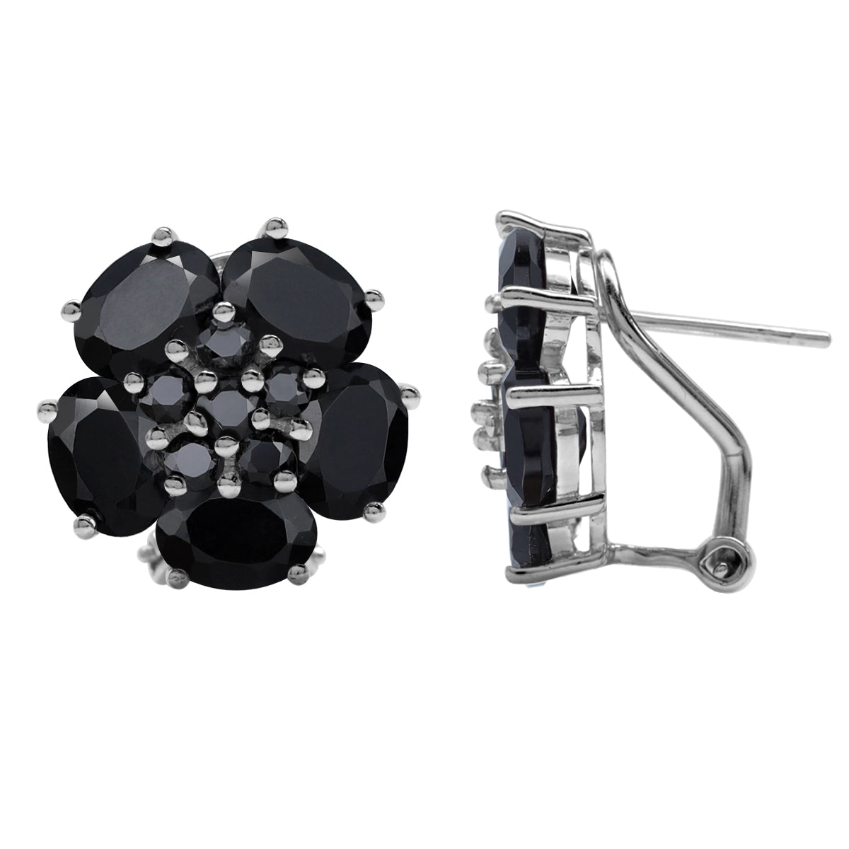 8.1 CTW Natural Black Onyx White Gold Plated 925 Sterling Silver Flower Cluster Omega Clip Post Gemstone Earrings