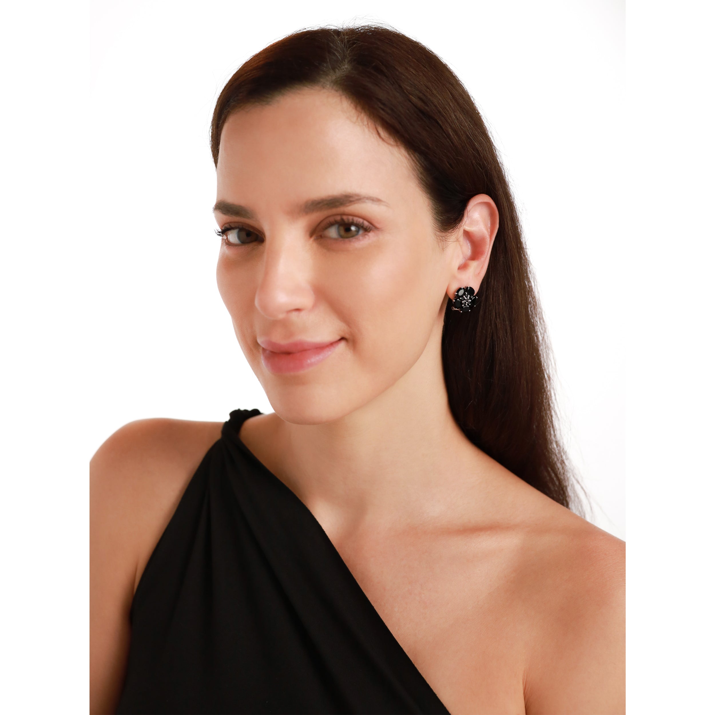 8.1 CTW Natural Black Onyx White Gold Plated 925 Sterling Silver Flower Cluster Omega Clip Post Gemstone Earrings