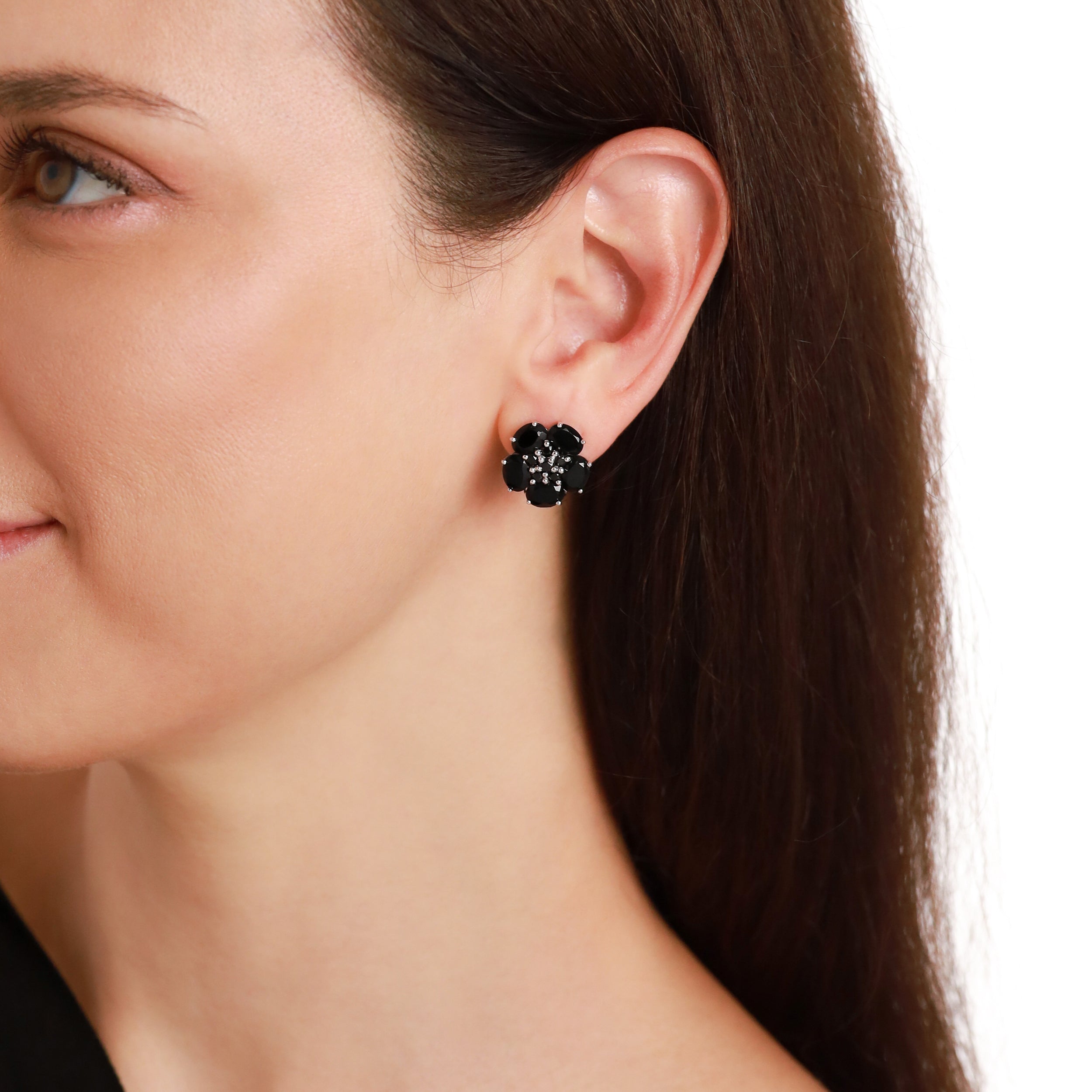 8.1 CTW Natural Black Onyx White Gold Plated 925 Sterling Silver Flower Cluster Omega Clip Post Gemstone Earrings