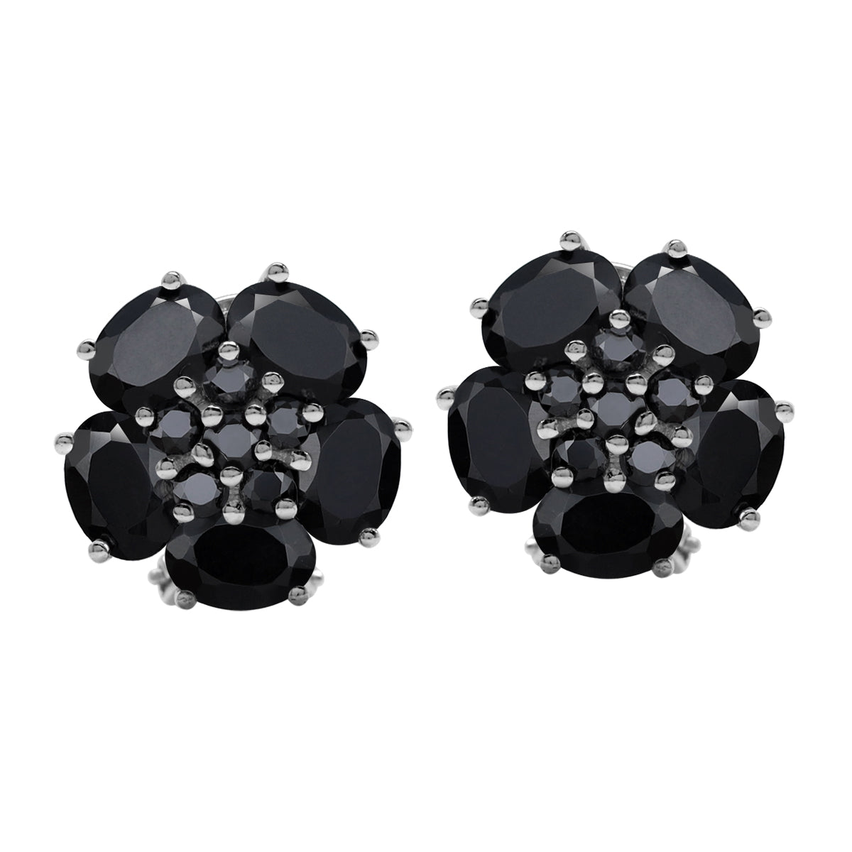 8.1 CTW Natural Black Onyx White Gold Plated 925 Sterling Silver Flower Cluster Omega Clip Post Gemstone Earrings