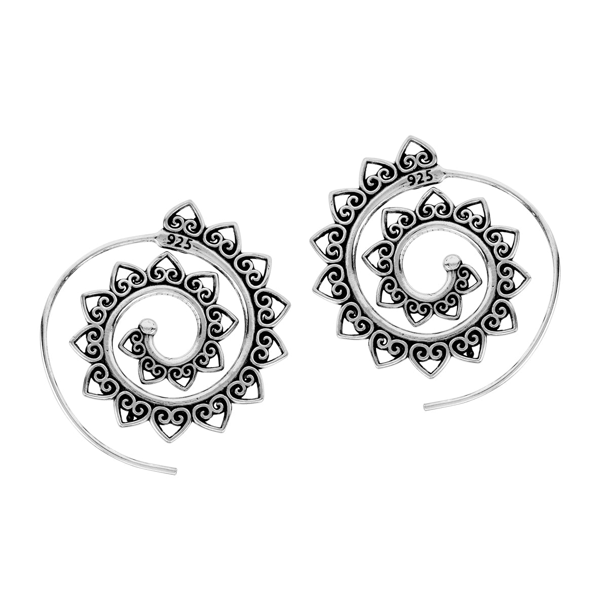 Handmade 925 Sterling Silver Heart Vintage Inspired Tribal Swirl Spiral Hoop Slide Through Earrings
