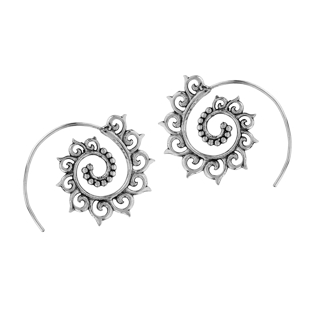 Handmade 925 Sterling Silver Balinese Vintage Inspired Tribal Swirl Spiral Hoop Slide Through Earrings