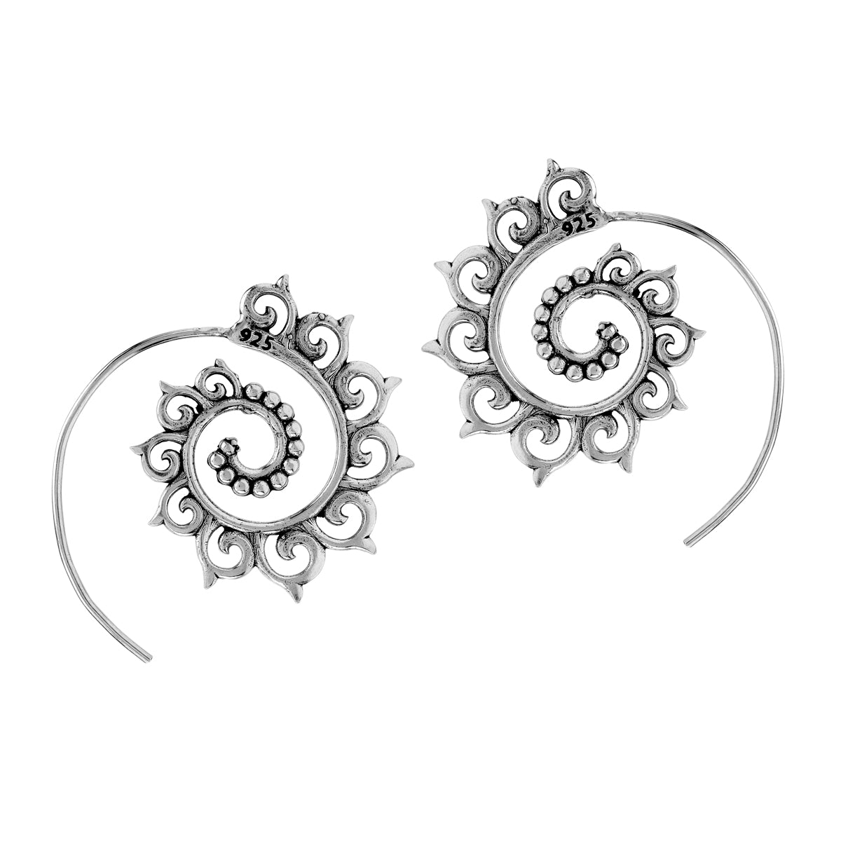Handmade 925 Sterling Silver Balinese Vintage Inspired Tribal Swirl Spiral Hoop Slide Through Earrings
