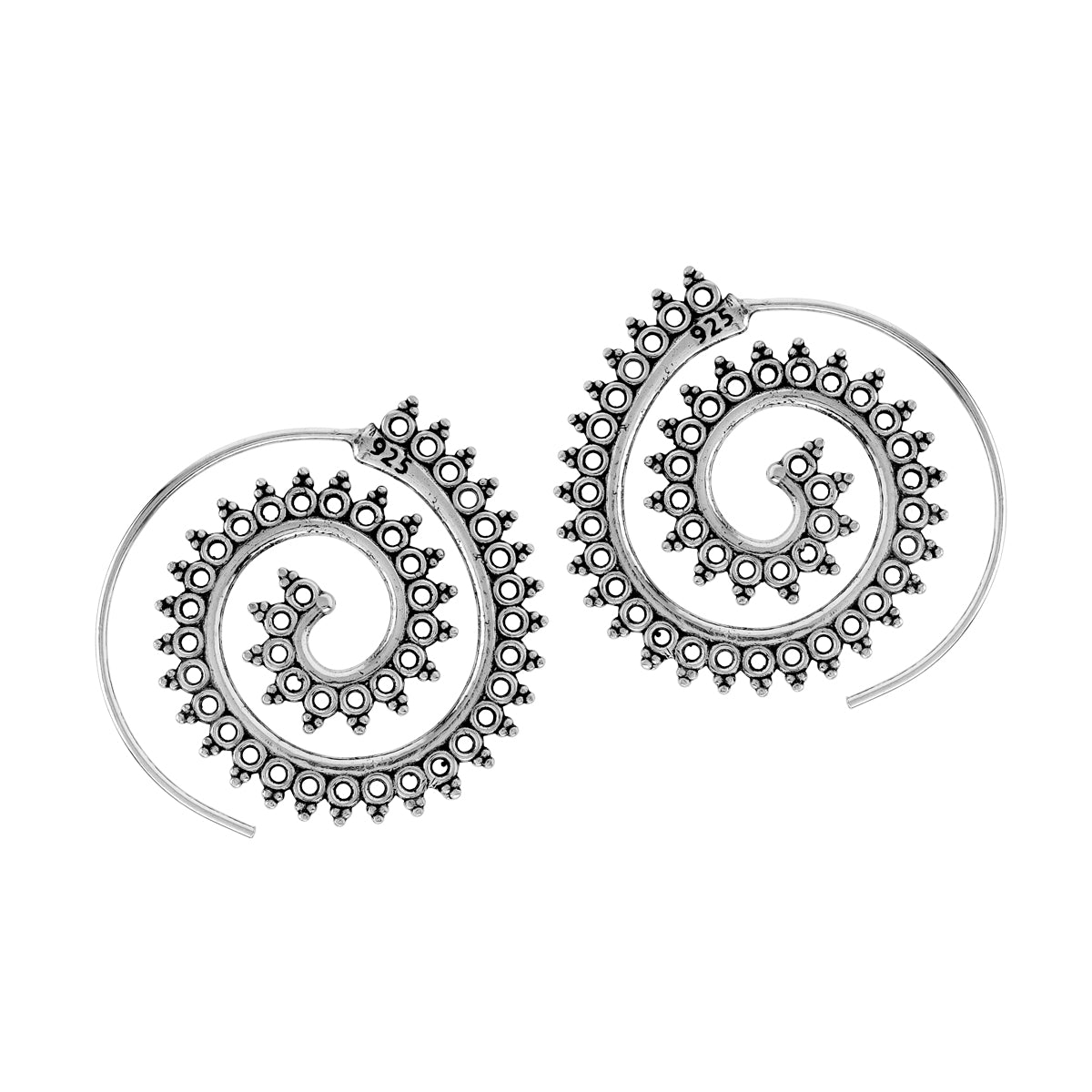 Handmade 925 Sterling Silver Bali / Balinese Vintage Inspired Tribal Swirl Spiral Hoop Slide Through Earrings