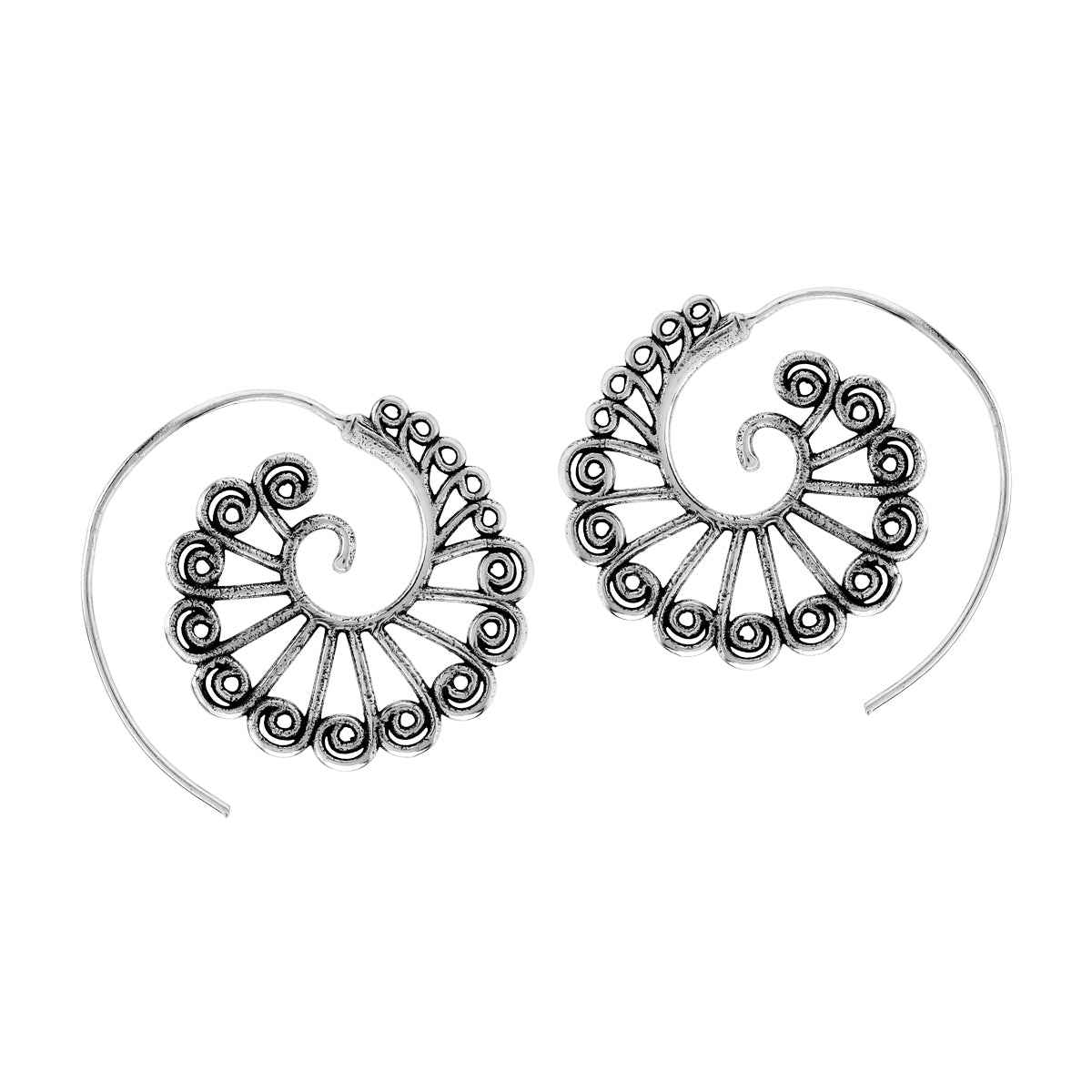 Handmade 925 Sterling Silver Bohemian Vintage Inspired Tribal Swirl Spiral Hoop Slide Through Earrings