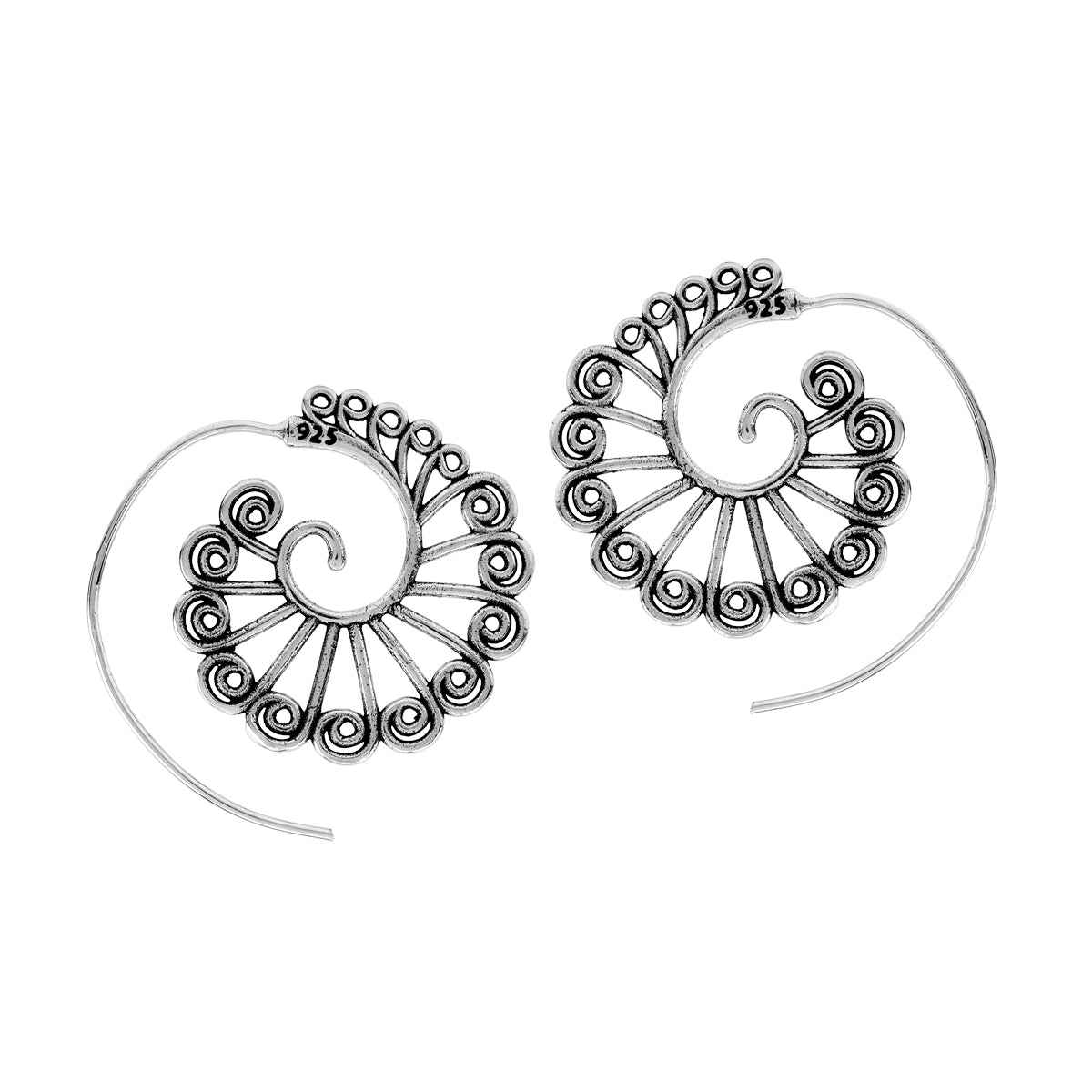 Handmade 925 Sterling Silver Bohemian Vintage Inspired Tribal Swirl Spiral Hoop Slide Through Earrings