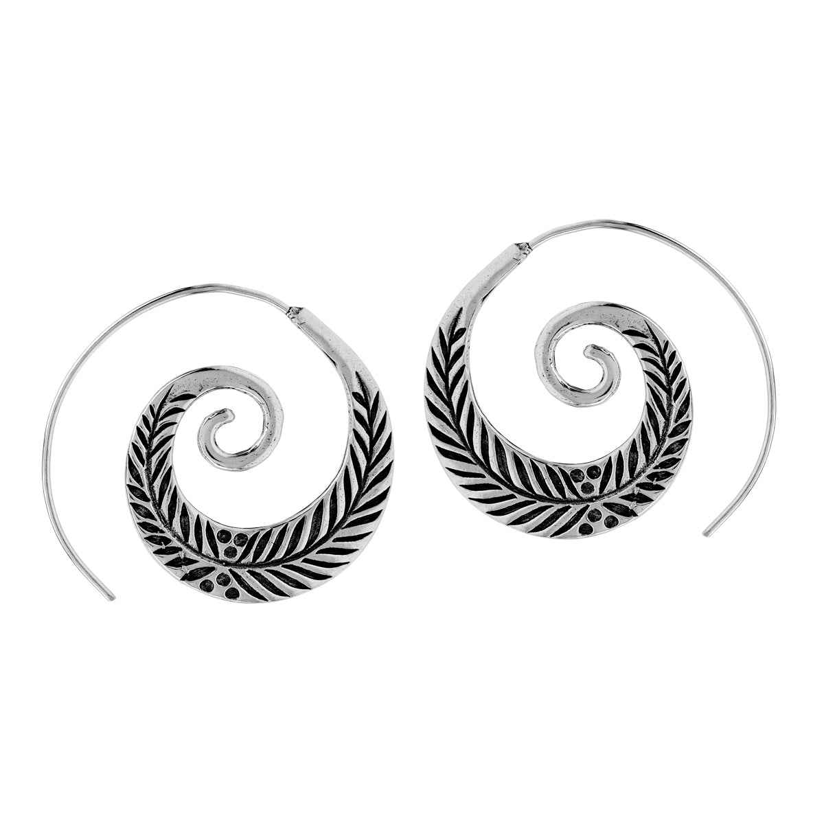 Handmade 925 Sterling Silver Leaf Vintage Inspired Tribal Swirl Spiral Hoop Slide Through Earrings