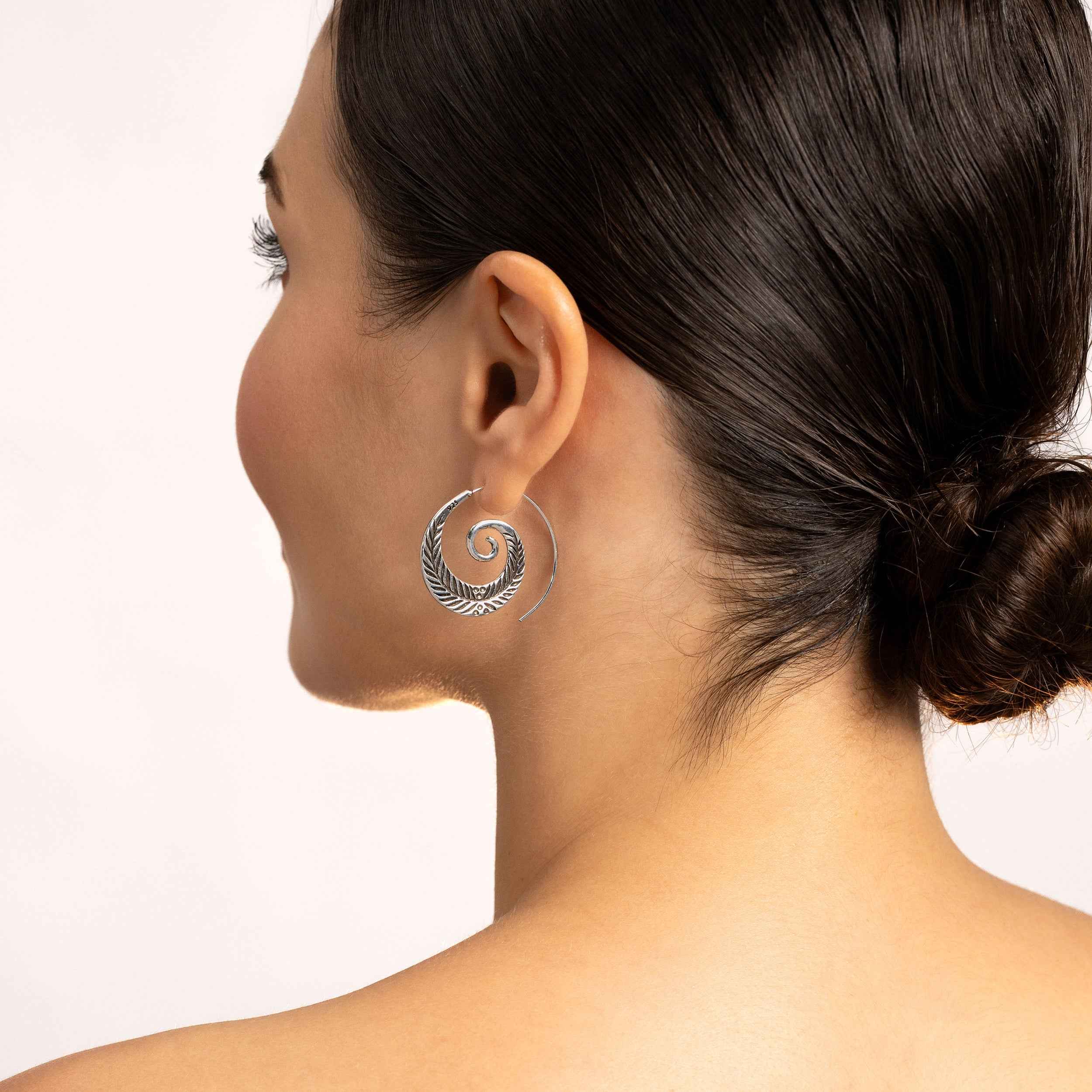 Handmade 925 Sterling Silver Leaf Vintage Inspired Tribal Swirl Spiral Hoop Slide Through Earrings
