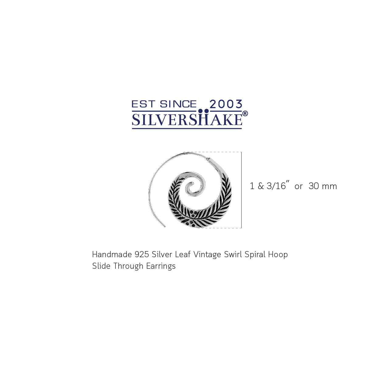 Handmade 925 Sterling Silver Leaf Vintage Inspired Tribal Swirl Spiral Hoop Slide Through Earrings