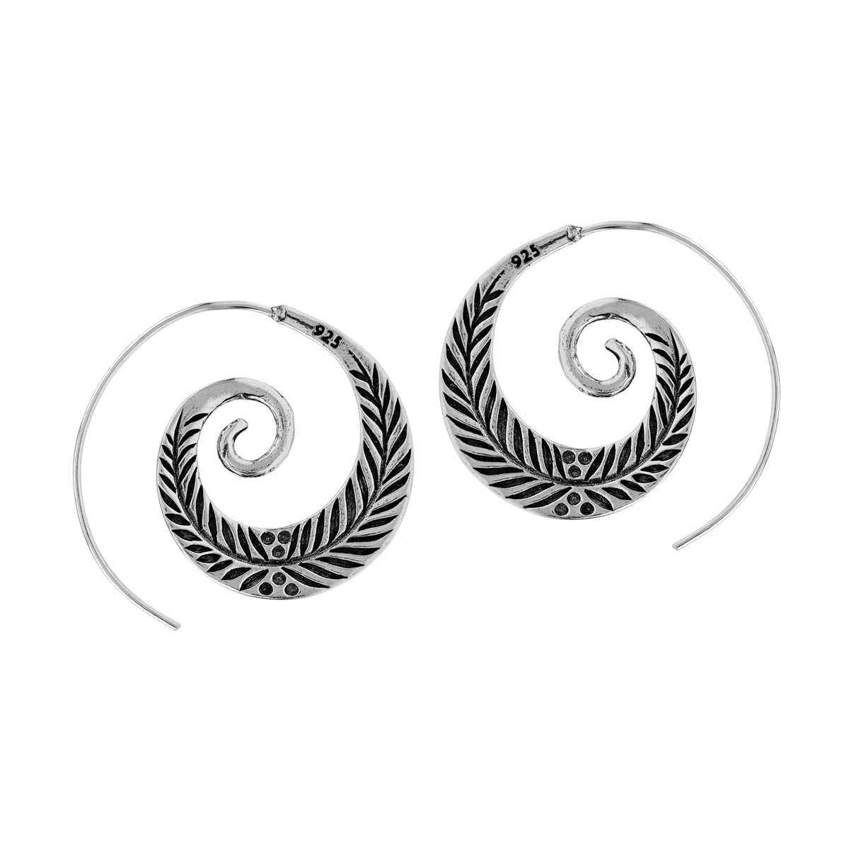 Handmade 925 Sterling Silver Leaf Vintage Inspired Tribal Swirl Spiral Hoop Slide Through Earrings