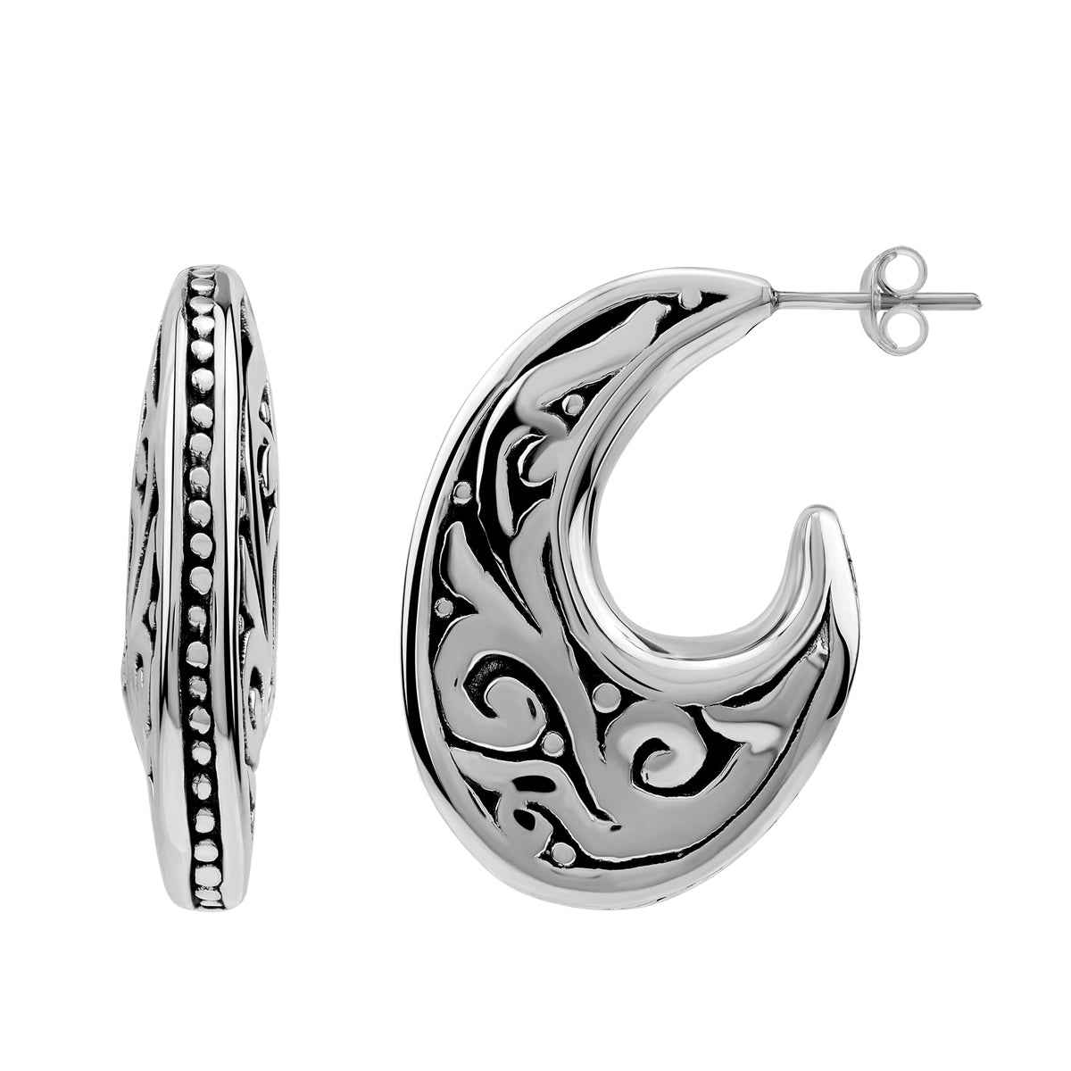 Electroform 925 Sterling Silver Filigree Swirl Spiral Bali / Balinese Vintage Inspired J Hoop Stud Post Earrings