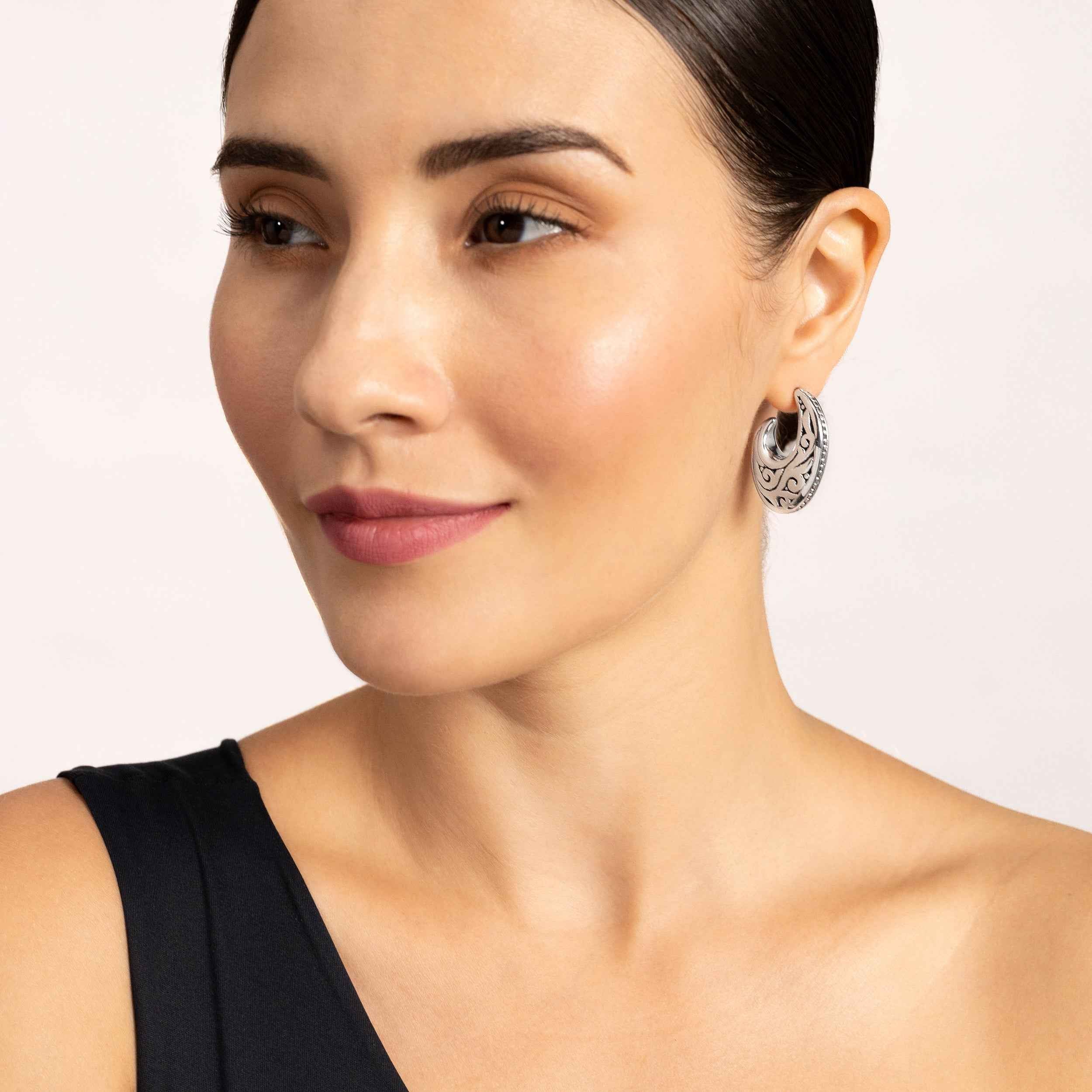 Electroform 925 Sterling Silver Filigree Swirl Spiral Bali / Balinese Vintage Inspired J Hoop Stud Post Earrings