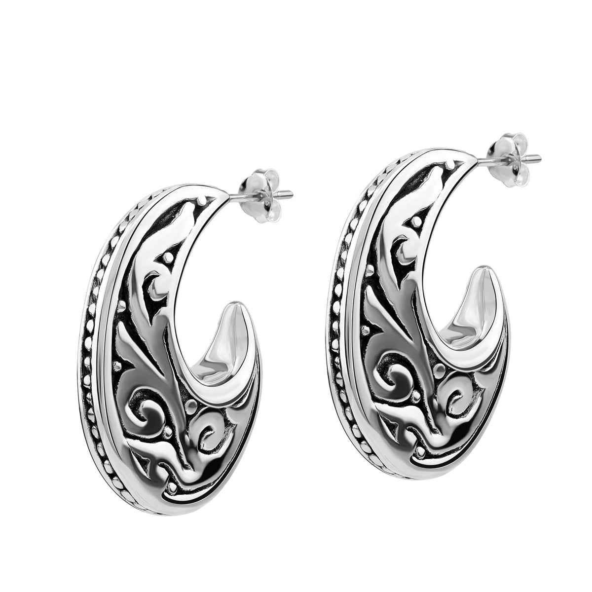 Electroform 925 Sterling Silver Filigree Swirl Spiral Bali / Balinese Vintage Inspired J Hoop Stud Post Earrings