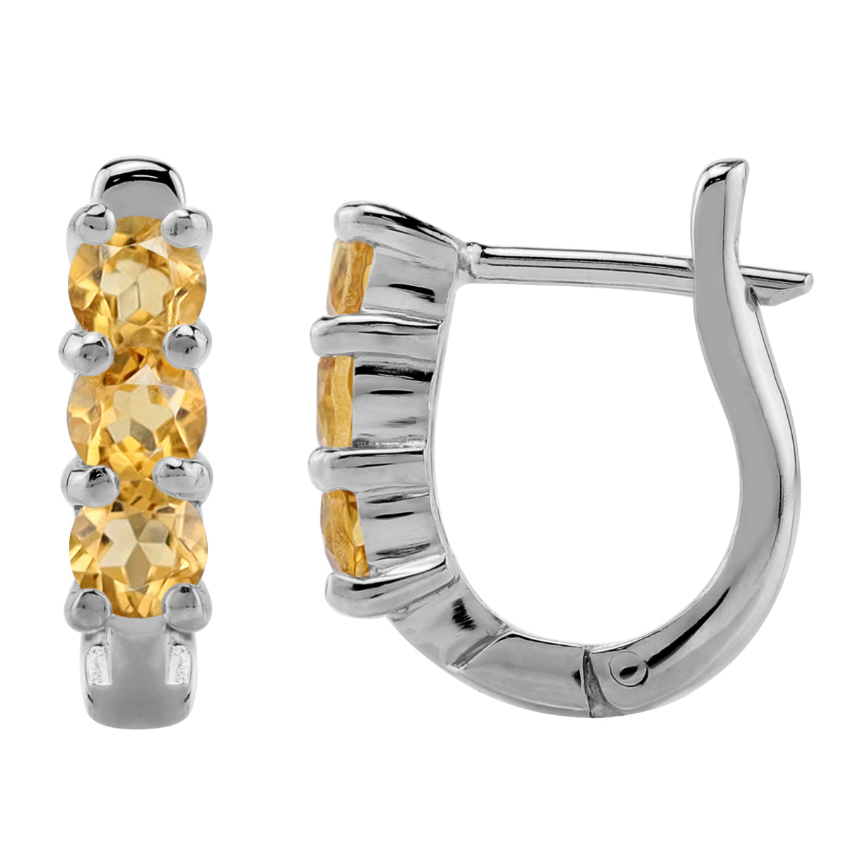 3-Stone 3MM Genuine Round Shape Yellow Citrine White Gold Plated 925 Sterling Silver English Huggie Hoop Earrings November Gemstone Birthstone Jewelry for Women - Silvershake-store