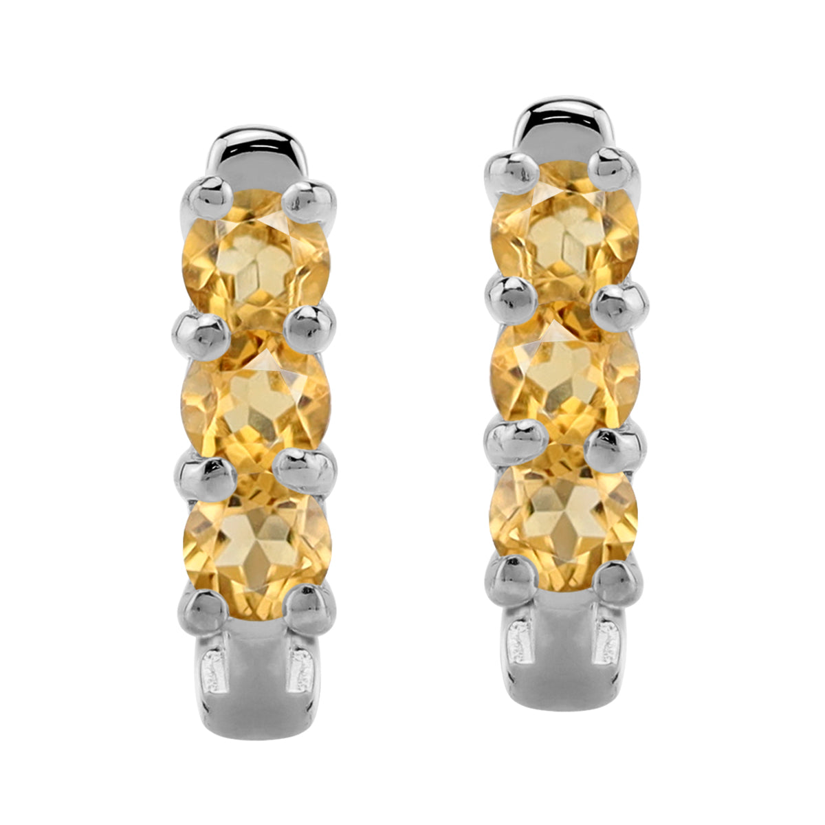 3-Stone 3MM Genuine Round Shape Yellow Citrine White Gold Plated 925 Sterling Silver English Huggie Hoop Earrings November Gemstone Birthstone Jewelry for Women - Silvershake-store