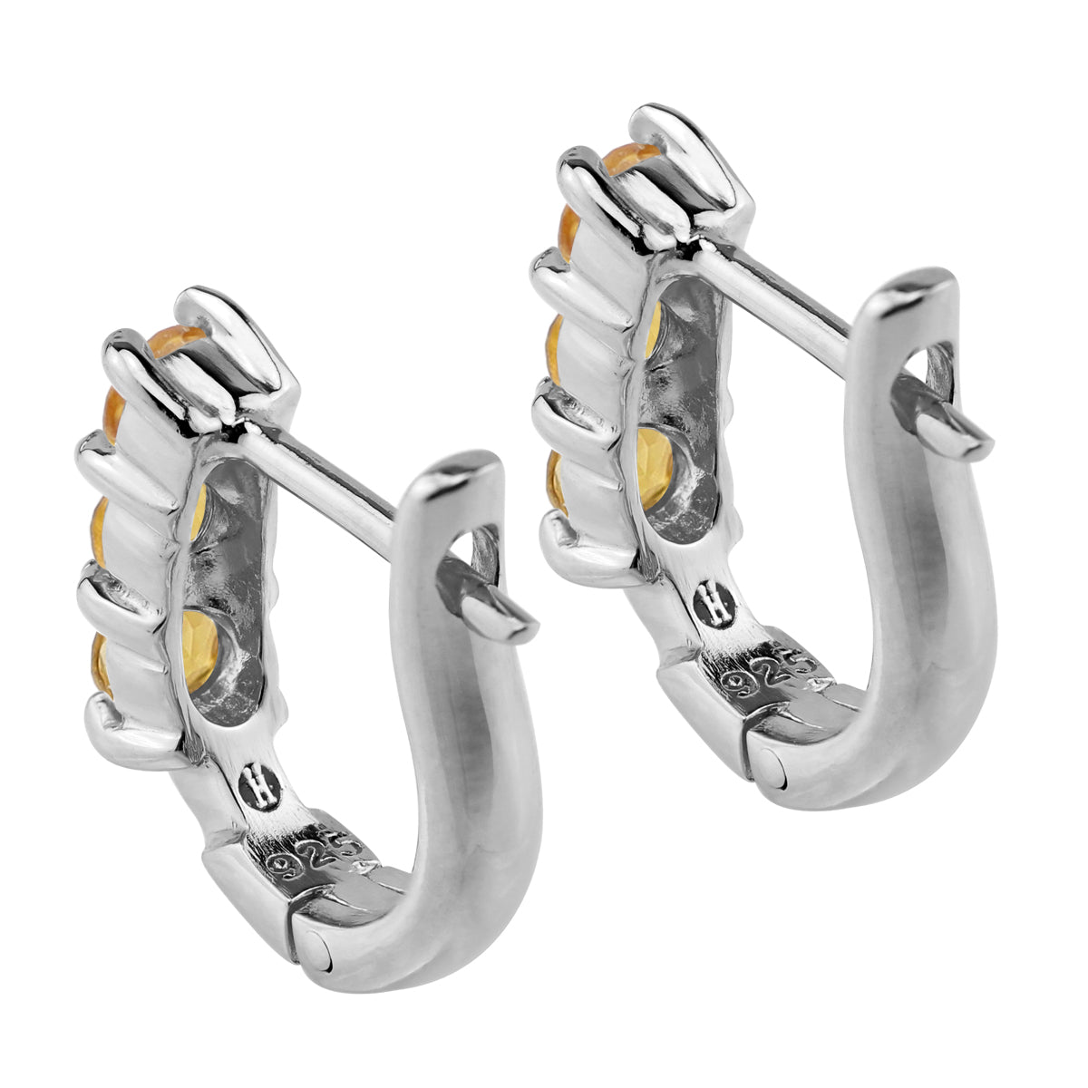 3-Stone 3MM Genuine Round Shape Yellow Citrine White Gold Plated 925 Sterling Silver English Huggie Hoop Earrings November Gemstone Birthstone Jewelry for Women - Silvershake-store