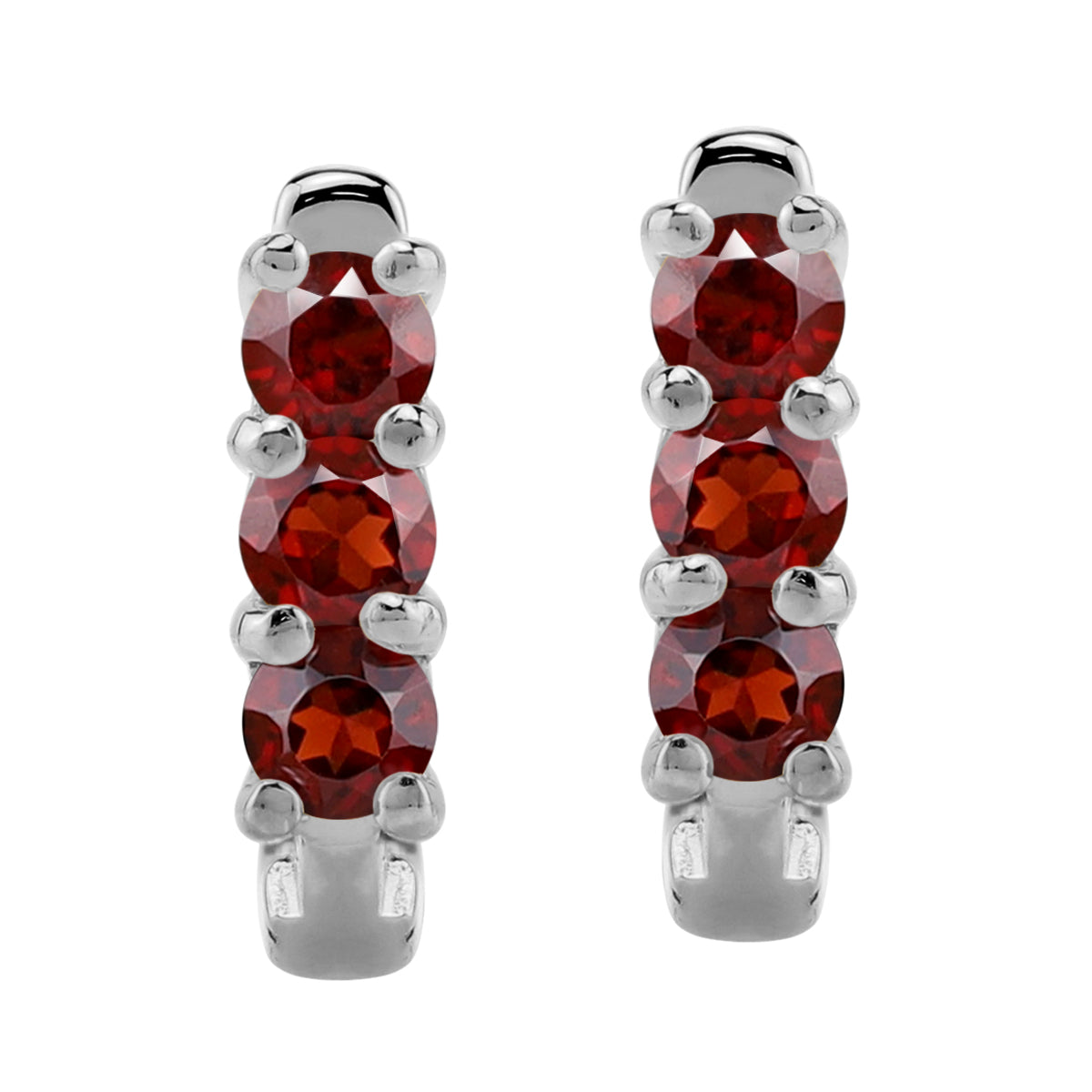 3-Stone 3MM Natural Round Shape Red Garnet White Gold Plated 925 Sterling Silver English Huggie Hoop Earrings January Gemstone Birthstone Jewelry for Women - Silvershake-store