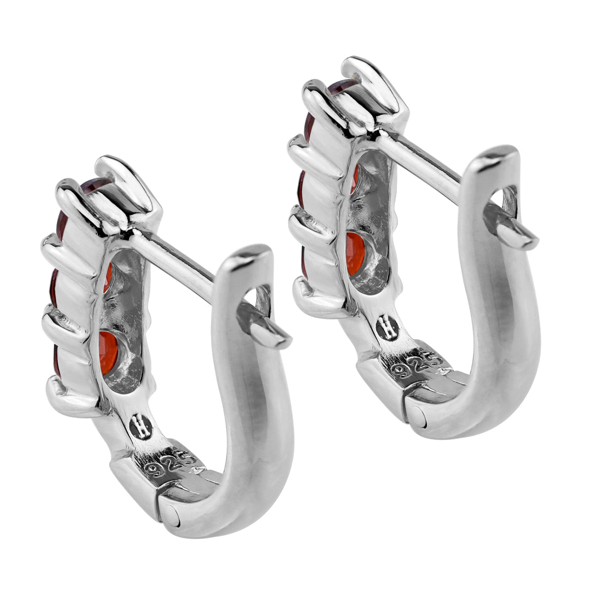 3-Stone 3MM Natural Round Shape Red Garnet White Gold Plated 925 Sterling Silver English Huggie Hoop Earrings January Gemstone Birthstone Jewelry for Women - Silvershake-store