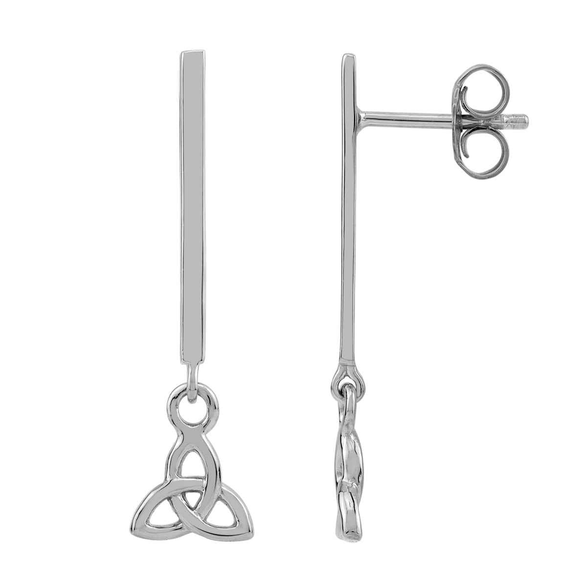 White Gold Plated 925 Sterling Silver Vertical Bar and Dangle Triquetra Trinity Celtic Knot Drop Stud Post Earrings