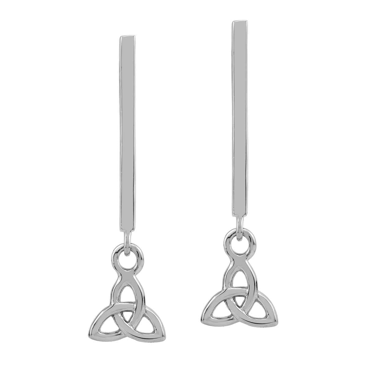 White Gold Plated 925 Sterling Silver Vertical Bar and Dangle Triquetra Trinity Celtic Knot Drop Stud Post Earrings