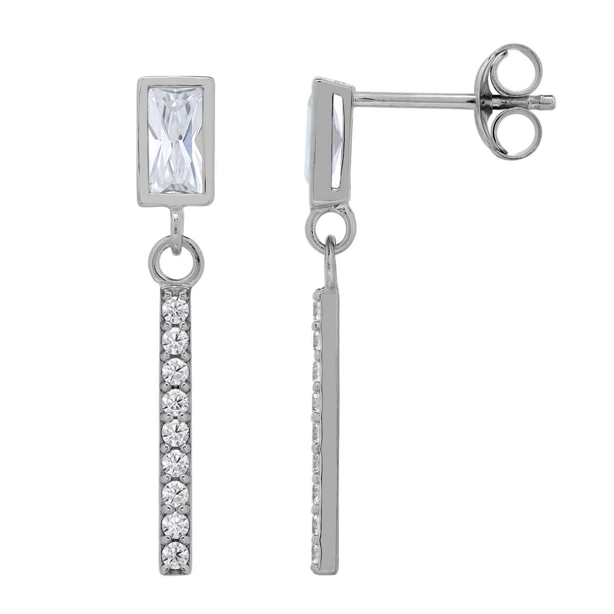 6X3mm Baguette Shape Cubic Zirconia White Gold Plated 925 Sterling Silver Geometric and Dangle Vertical Bar Drop Stud Post Earrings April Gemstone Birthstone