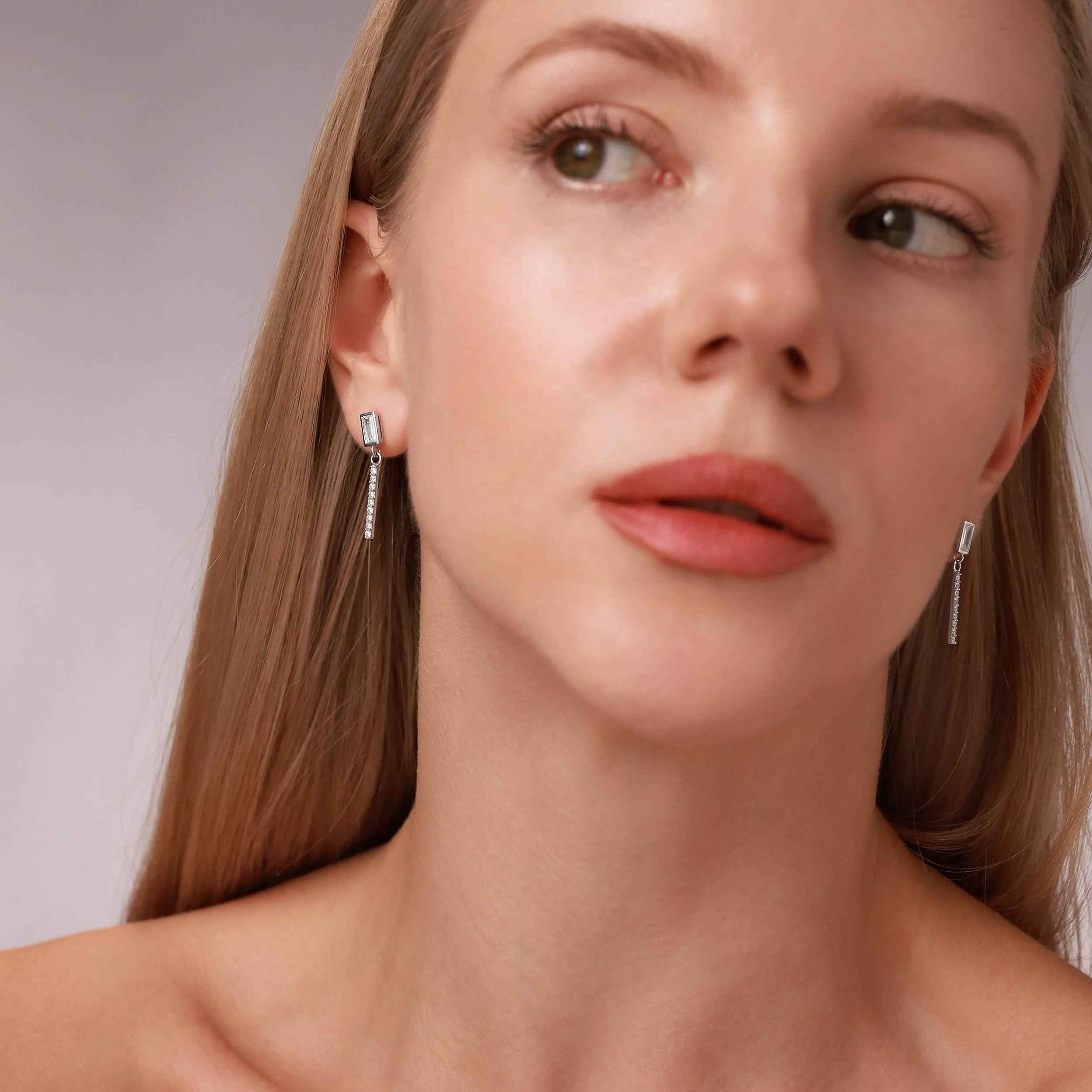 6X3mm Baguette Shape Cubic Zirconia White Gold Plated 925 Sterling Silver Geometric and Dangle Vertical Bar Drop Stud Post Earrings April Gemstone Birthstone