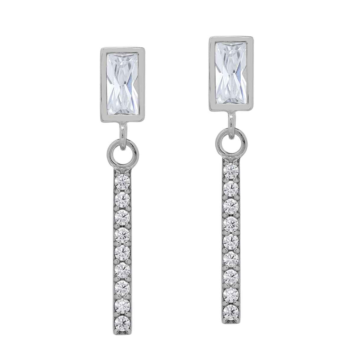 6X3mm Baguette Shape Cubic Zirconia White Gold Plated 925 Sterling Silver Geometric and Dangle Vertical Bar Drop Stud Post Earrings April Gemstone Birthstone