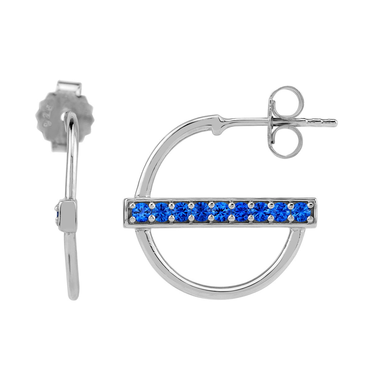 Created Blue Sapphire White Gold Plated 925 Sterling Silver Fashion Casual 0.63 Inch C Hoop Stud Post Earrings