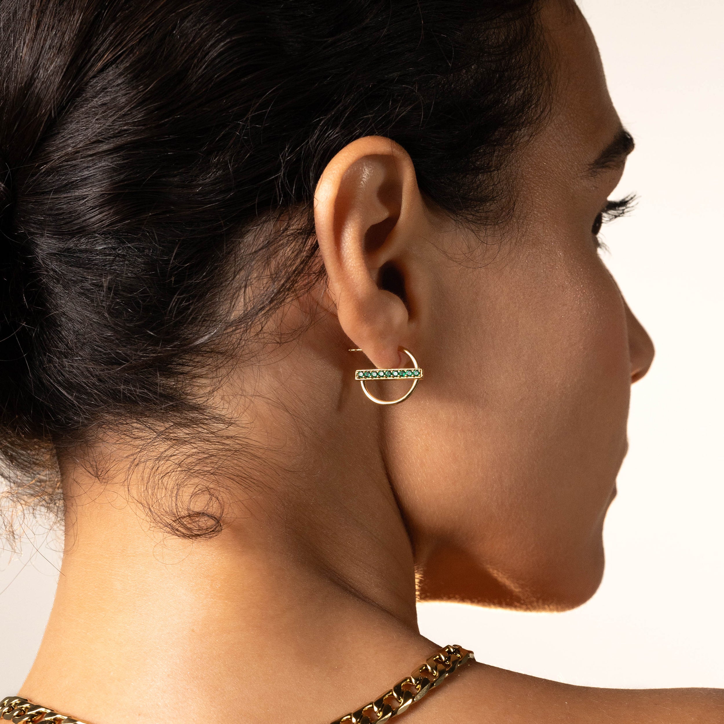 Created Nano Green Emerald White Gold Plated 925 Sterling Silver Fashion Casual 0.63 Inch C Hoop Stud Post Earrings