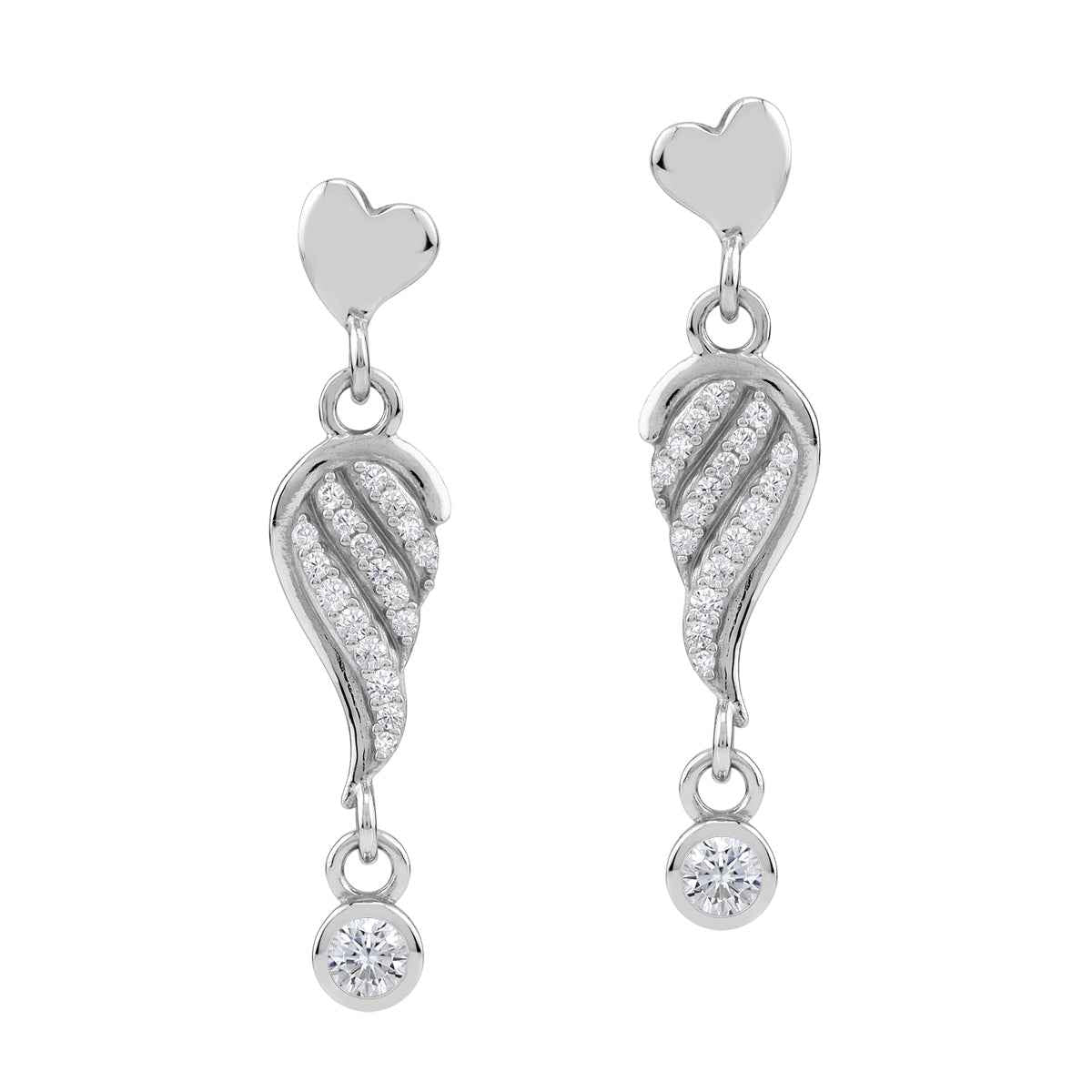 Cubic Zirconia White Gold Plated 925 Sterling Silver Angel Wing Heart Casual Love Dangle Stud Post Earrings April Gemstone Birthstone