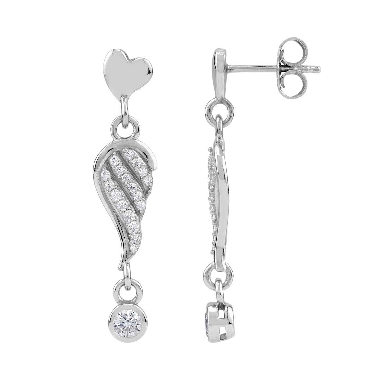 Cubic Zirconia White Gold Plated 925 Sterling Silver Angel Wing Heart Casual Love Dangle Stud Post Earrings April Gemstone Birthstone