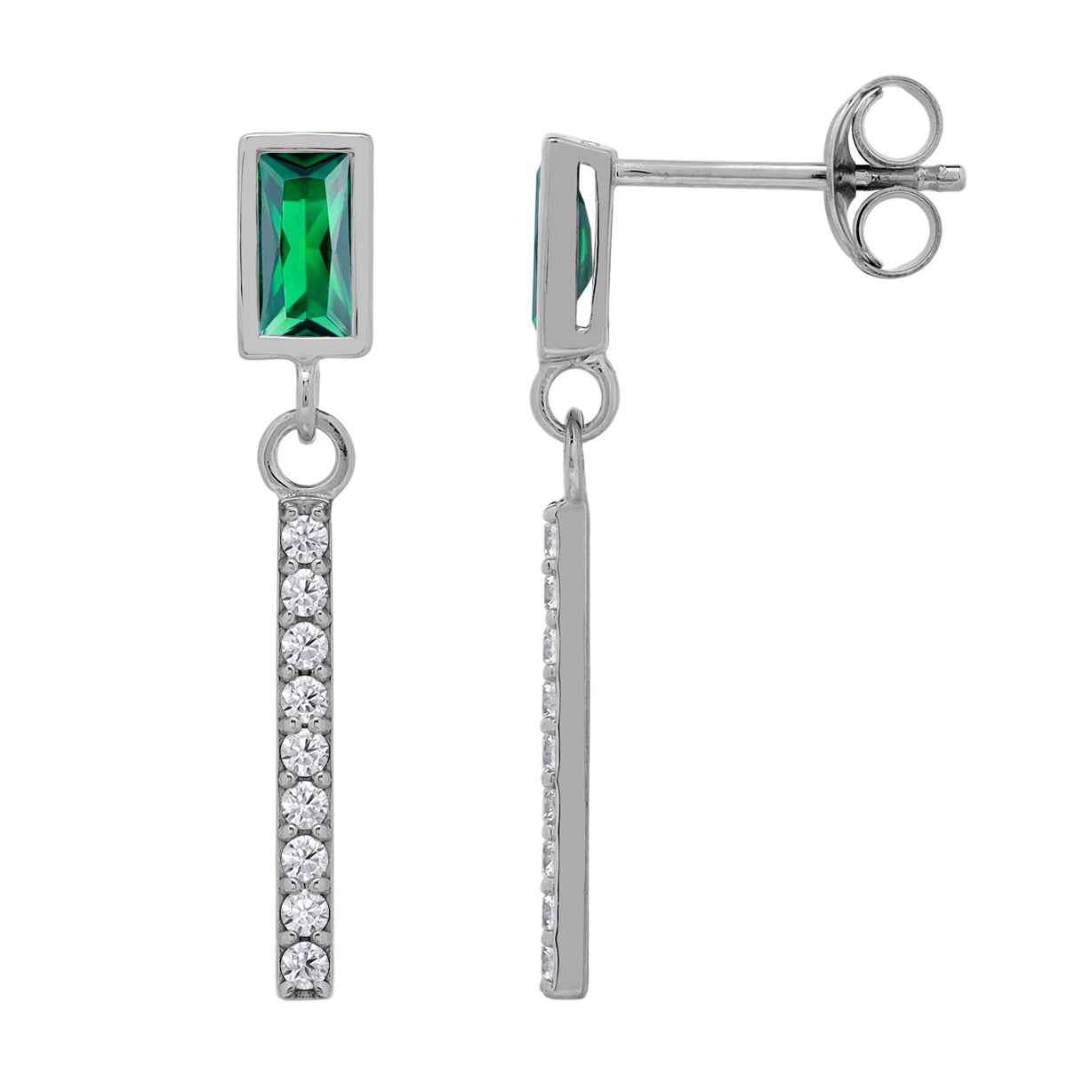 6X3mm Created Baguette Shape Nano Green Emerald White Gold Plated 925 Sterling Silver Geometric and Dangle Vertical Bar Drop Stud Post Earrings May Gemstone Birthstone