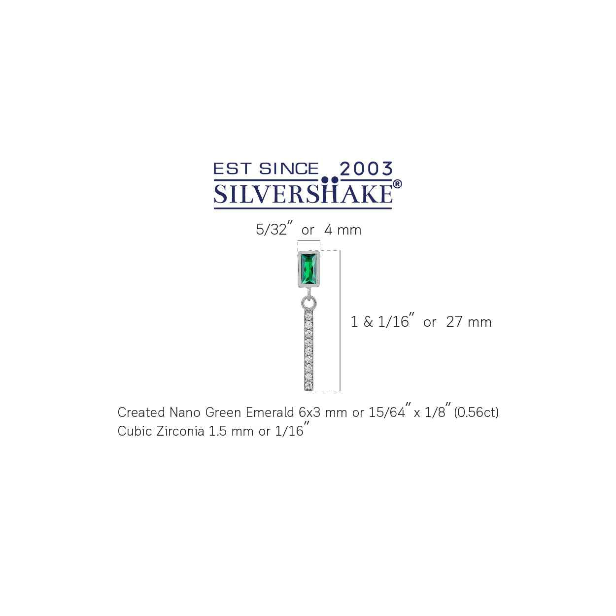 6X3mm Created Baguette Shape Nano Green Emerald White Gold Plated 925 Sterling Silver Geometric and Dangle Vertical Bar Drop Stud Post Earrings May Gemstone Birthstone