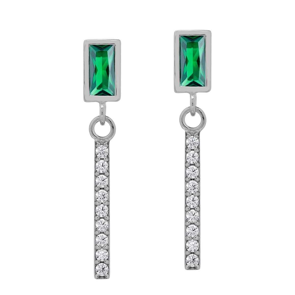 6X3mm Created Baguette Shape Nano Green Emerald White Gold Plated 925 Sterling Silver Geometric and Dangle Vertical Bar Drop Stud Post Earrings May Gemstone Birthstone