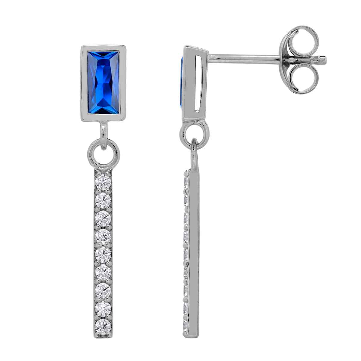 6X3mm Created Baguette Shape Blue Sapphire White Gold Plated 925 Sterling Silver Geometric and Dangle Vertical Bar Drop Stud Post Earrings September Gemstone Birthstone